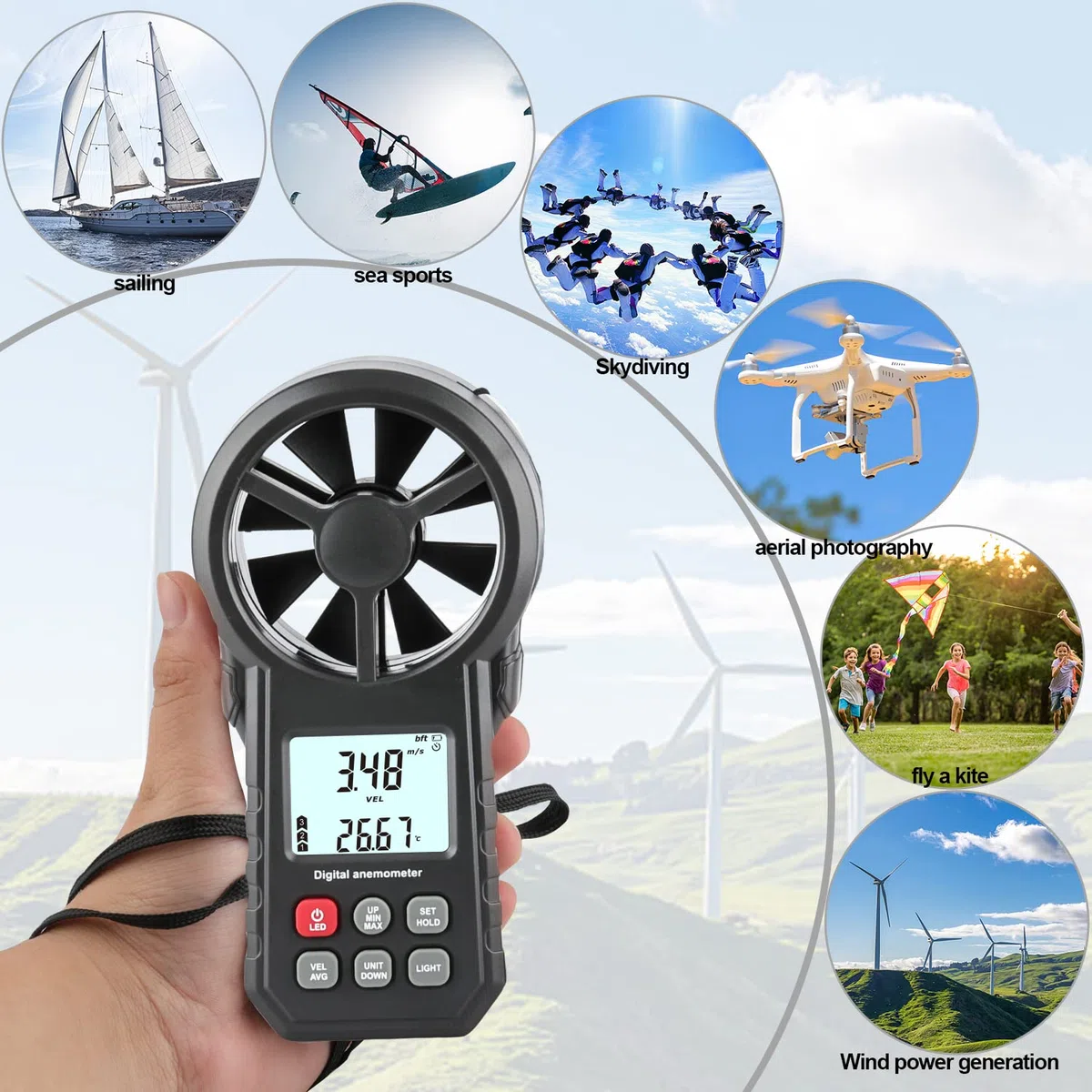 Anemómetro digital portátil, medidor de flujo de aire CFM para ventiladores HVAC, tiro/drone, medidor de viento, medidor de velocidad del flujo de aire con sensor de temperatura