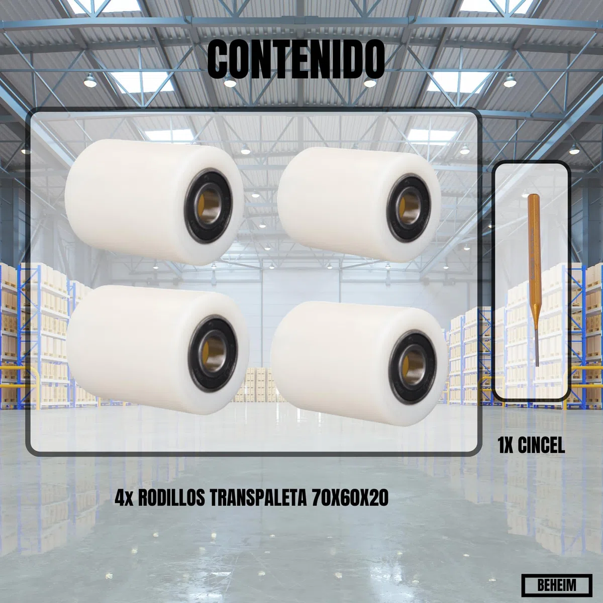 Juego 4 Rodillos para Transpaletas 70x60x20 mm Nylon con Rodamientos 6204-2RS Ruedas para transpaletas + Cincel Instalación Para Transpaleta Industrial