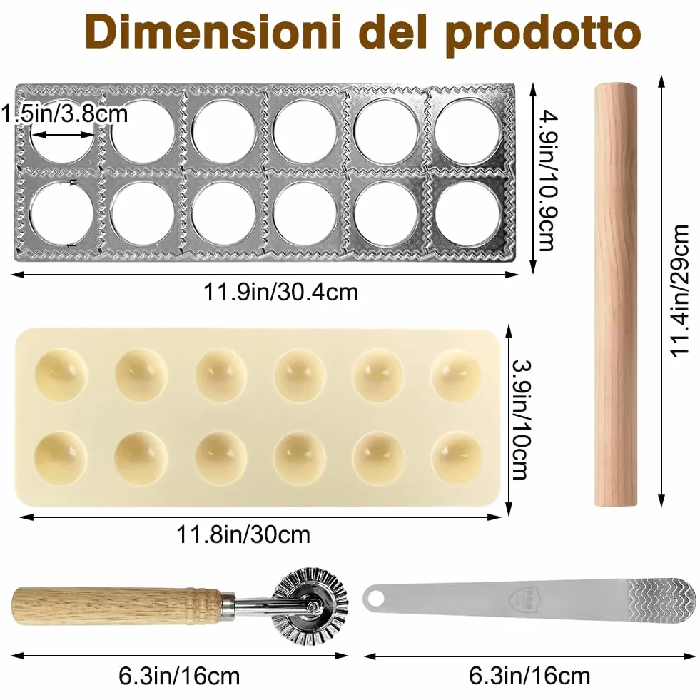 Ravioli - Juego de prensa para raviolis (4 piezas, acero inoxidable, con cortador redondo y cuadrado de 40 mm (12 orificios), incluye rodillo, espacio de llenado generoso para raviolis frescos y