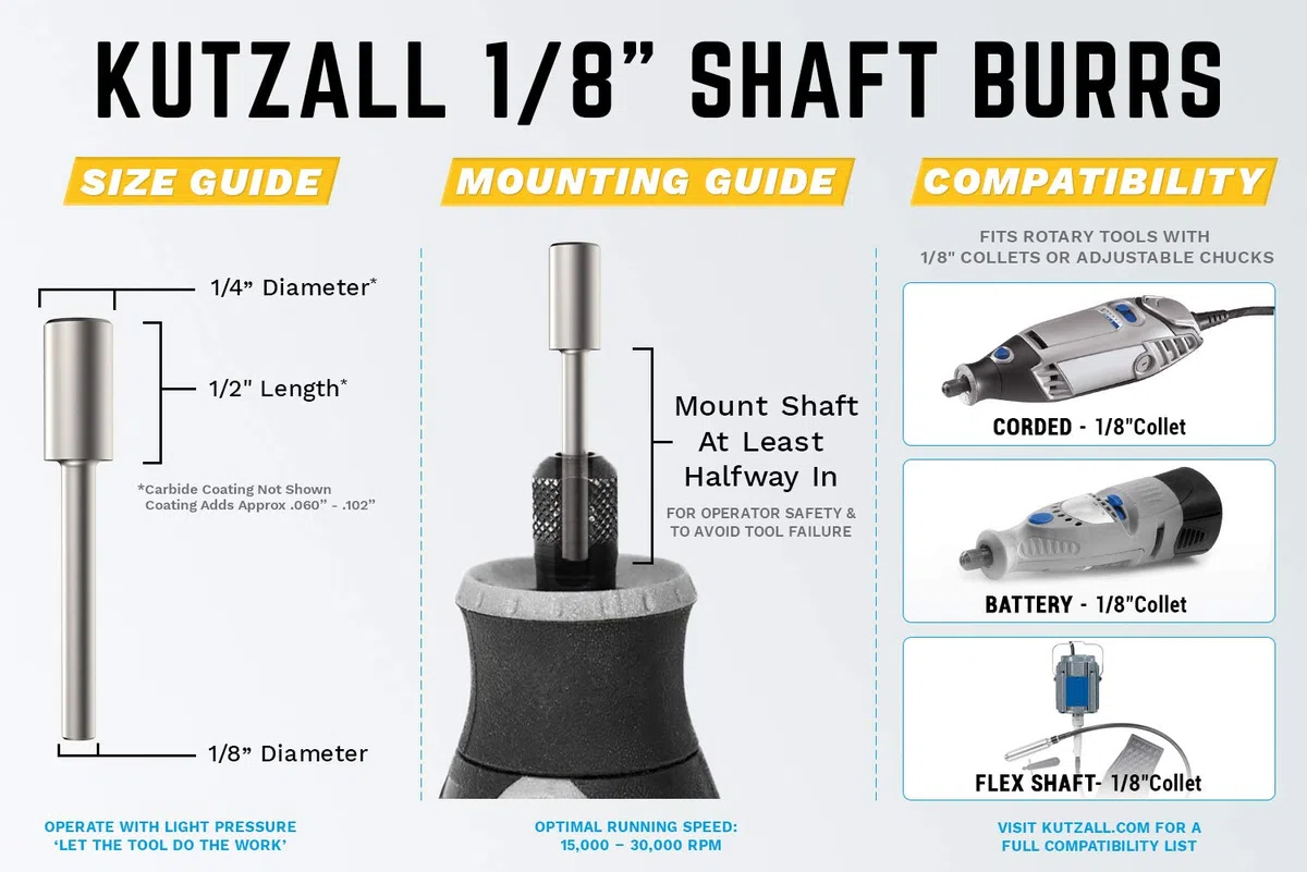 Kutzall Fresa Rotativa Cilíndrica Original, Eje de 1⁄8", Basto - Accesorio para Dremel, Foredom, Milwaukee. Carburo de Tungsteno Abrasivo, 1⁄4" (6,3 mm) Dia. X 1⁄2" (12,7mm) Longitud, C-14-E