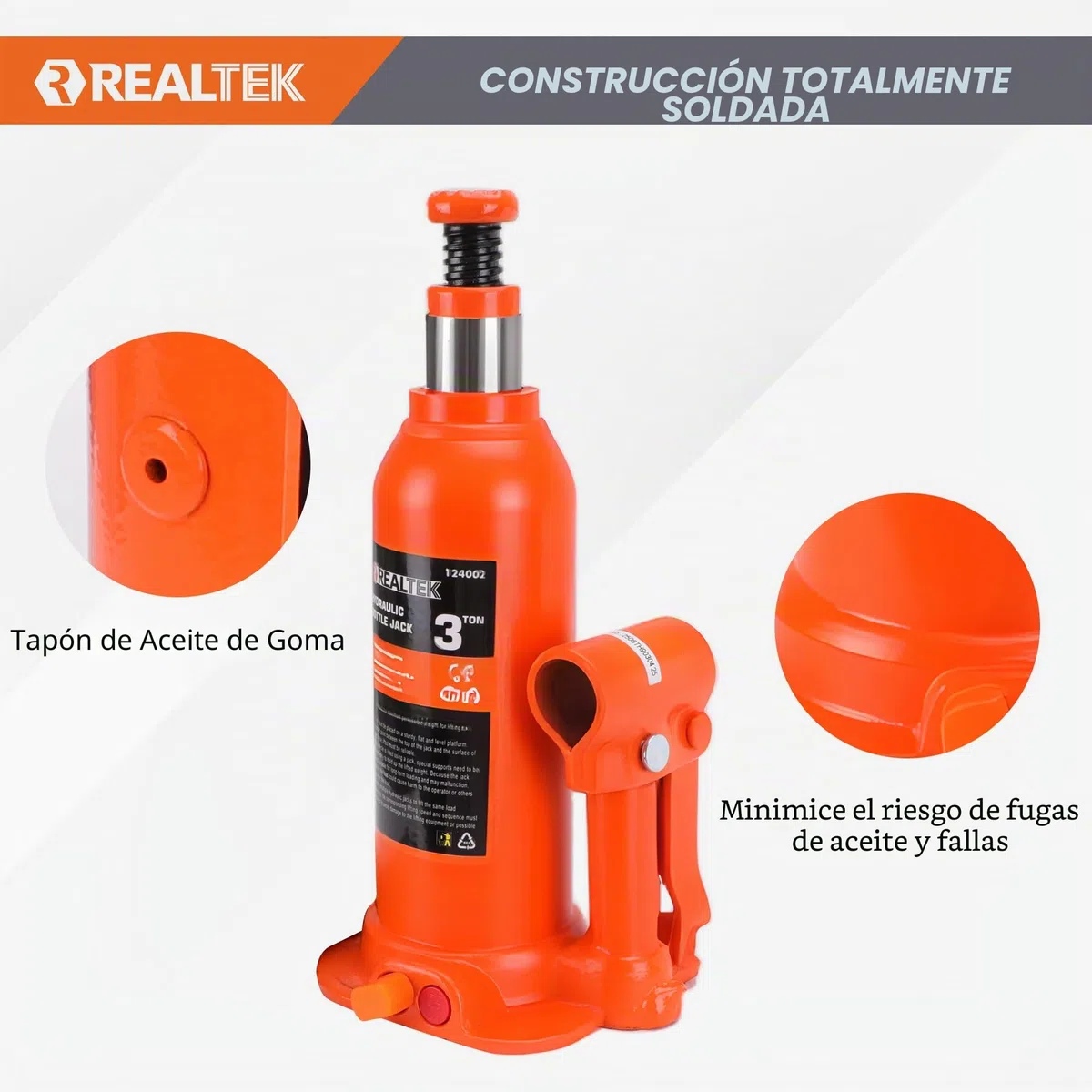REALTEK Gato Hidráulico de Botella 3 Toneladas Resistente Gato de Soporte de Elevación para Vehículos, Rango de Altura 188-363 mm, Naranja