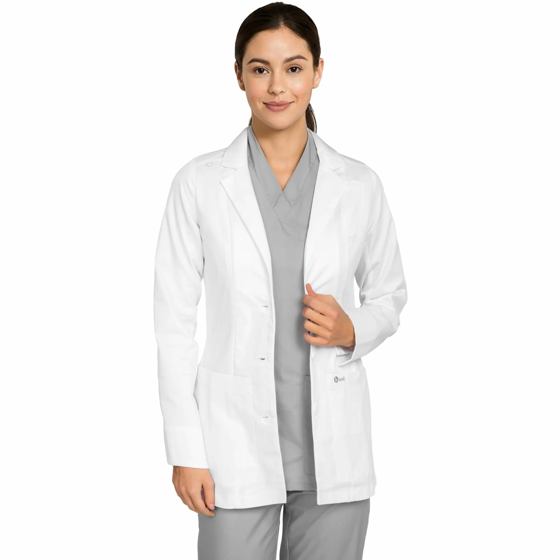 B-well Livia - Bata médica corta para mujer, color blanco, con cuello de solapa, manga larga, 3 bolsillos, tira de botones, para enfermería y clínica
