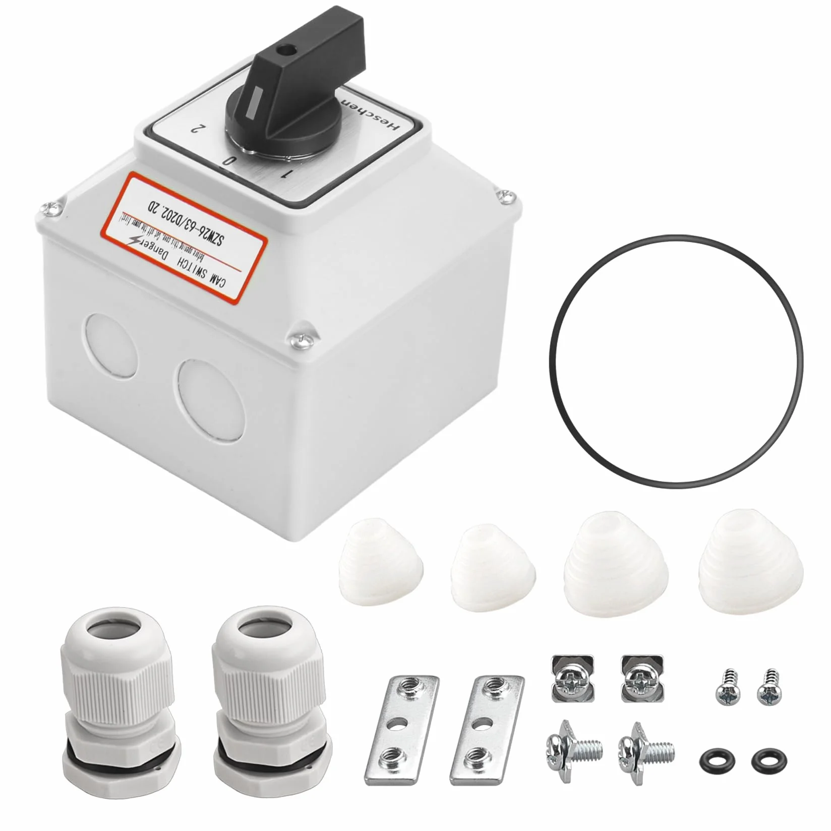 Heschen SZW26-63/D202.2D - Interruptor de cambio universal para selector de levas, 660 V, 63 A, ON-OFF-ON, 3 posiciones, 2 fases, 8 terminales, con interruptor principal, caja externa, CE