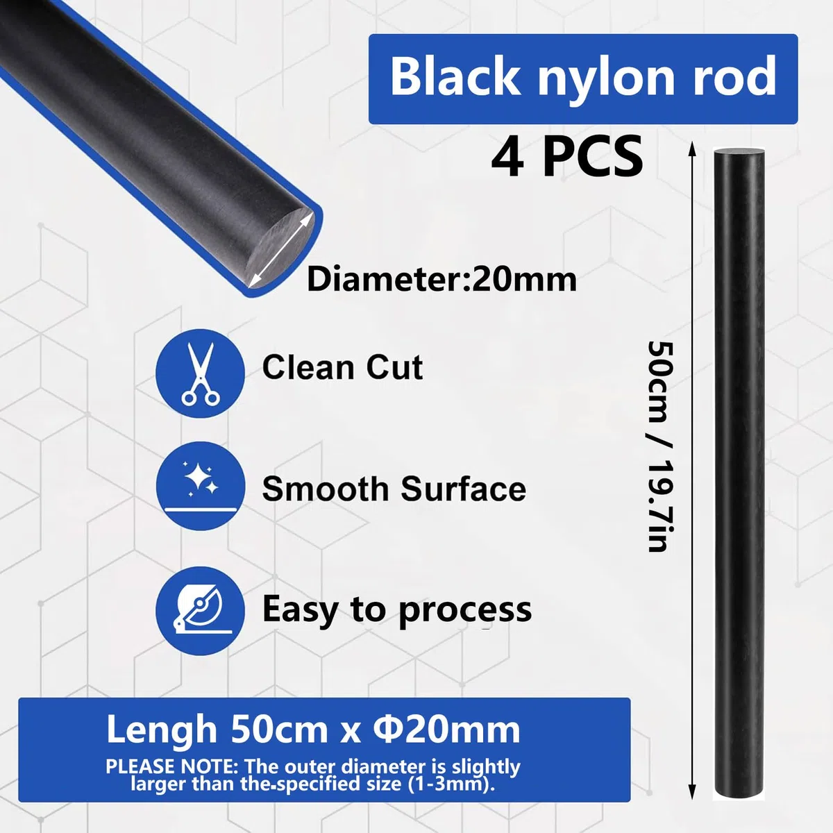 Pack de 4 Barras de Nylon PA6 Negro 50cm Ø15–30mm | Varilla Plástica Redonda para Mecanizado CNC, Bricolaje y Piezas Técnicas,20mm