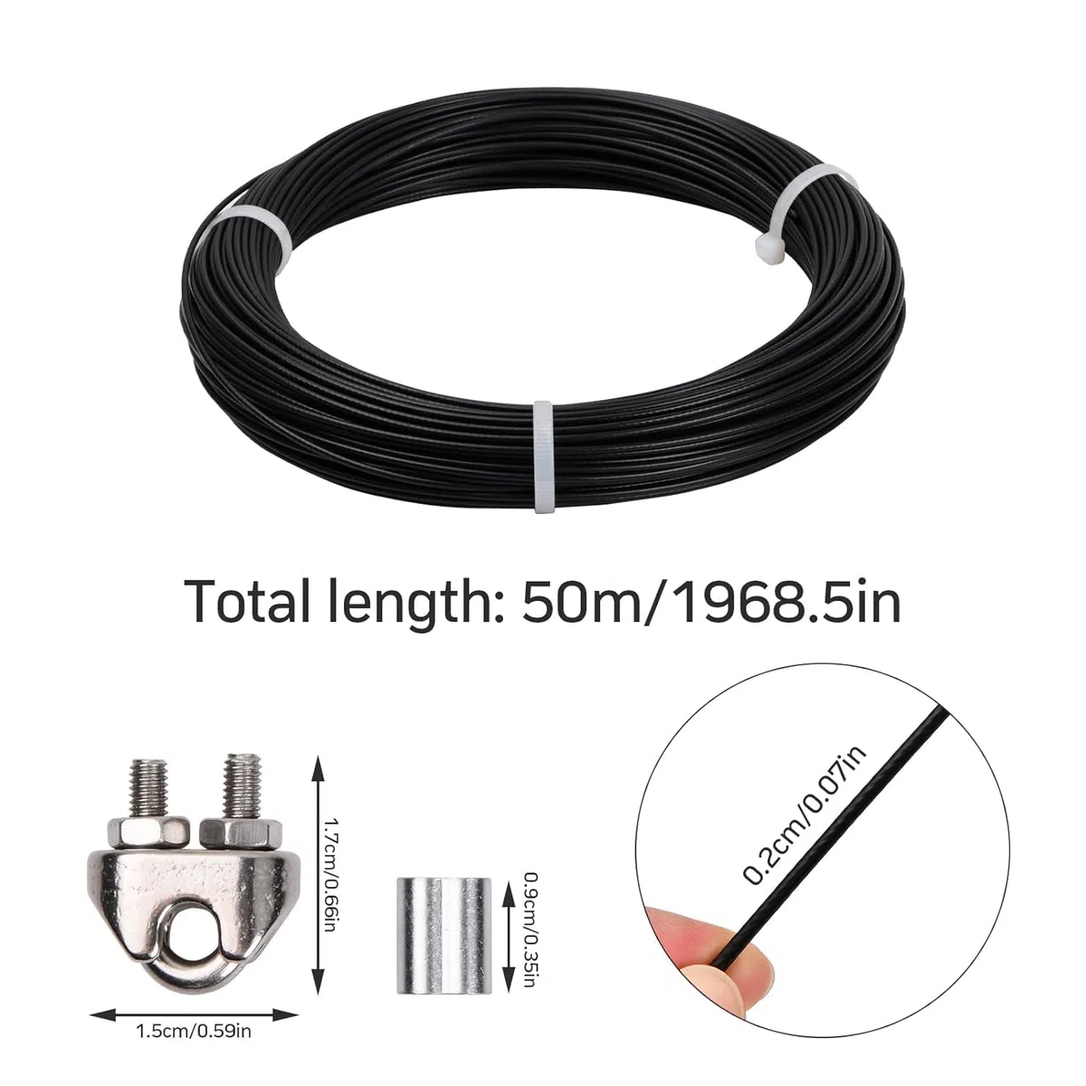 50m Cuerda de Alambre de Acero Inoxidable, Cable de Acero 3mm Recubierto PVC 7x7 con 8 Abrazaderas Cuerda, 20 Virolas de Aluminio, Suspensión Cable de Metal Tendedero Jardín Exteriores (Plata-3mm)