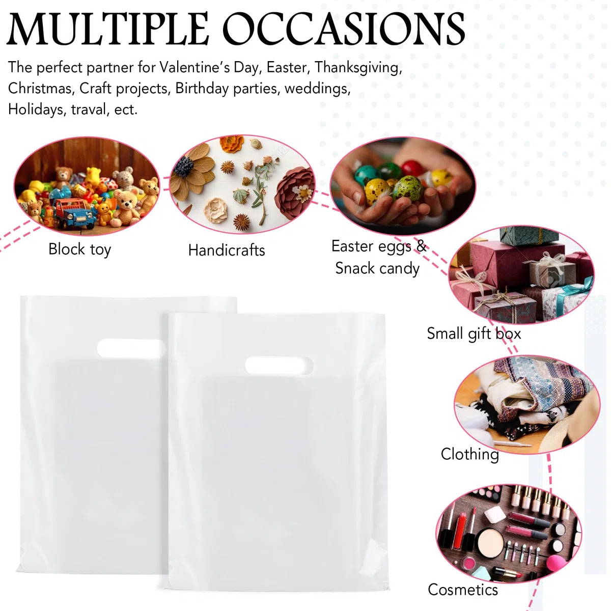 Kosiz 1000 bolsas de plástico para la compra a granel de 9 x 12 pulgadas, con asas troqueladas, pequeñas bolsas de regalo para negocios, cumpleaños, bodas, fiestas, suministros de Navidad (blanco)