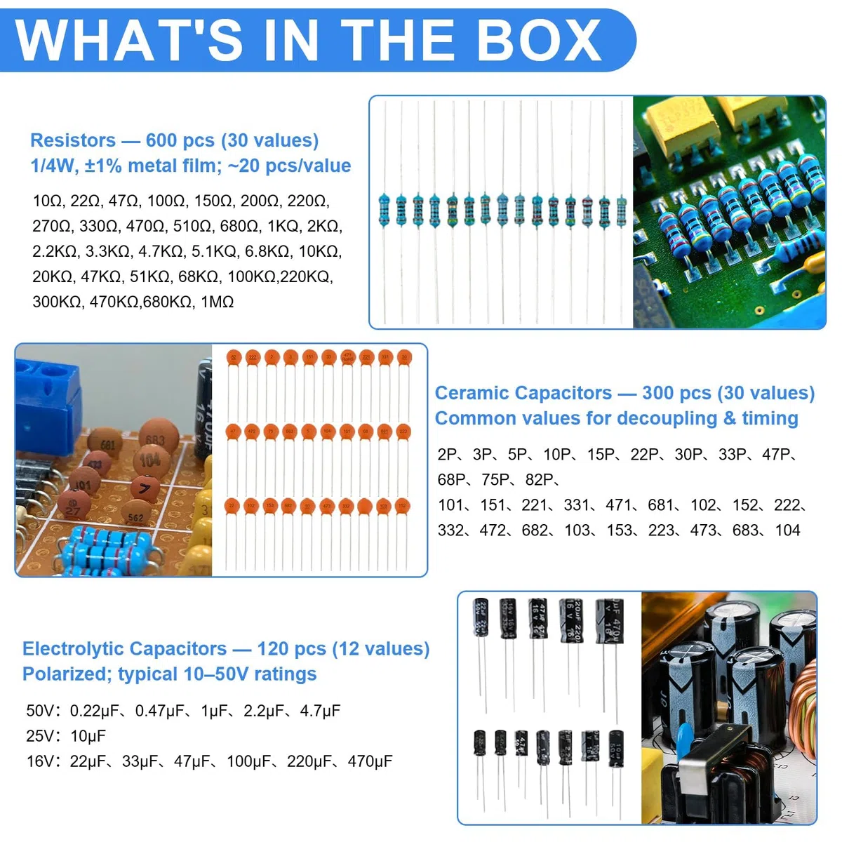1530 Piezas Kit de Componentes Electrónicos con Resistencia de película metálica,Condensador,Diodo,Diode LED,Transistore,Cables Dupont,Cable Jumper y Breadboard, para UNO R3