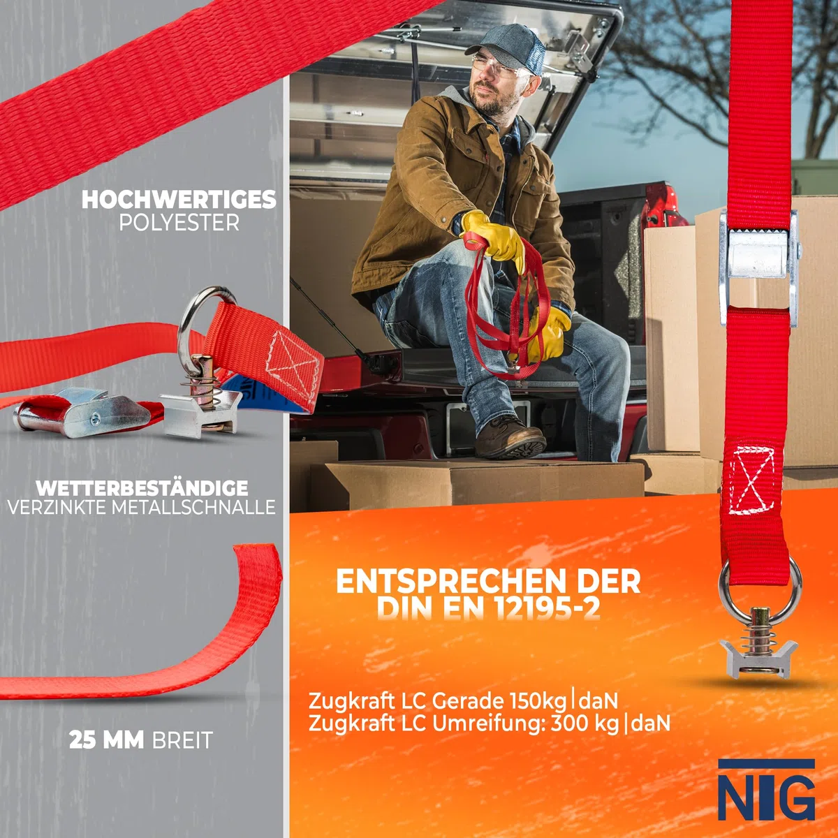 NTG 4 correas tensoras para carril de aerolíneas de 5 m de largo con cierre de sujeción y 2 piezas de aluminio Fitting | 25 mm de ancho | 300 kg | fabricado según DIN