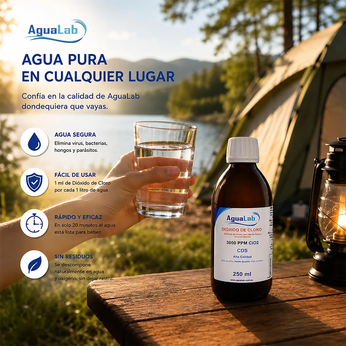 Dióxido de Cloro alta calidad en vídrio 250ml - CDS 3000 PPM - PH Neutro | Apto para Desinfección y Potabilización Aguas Consumo Humano - Laboratorio Español. Reg 24-20/40/90-12176