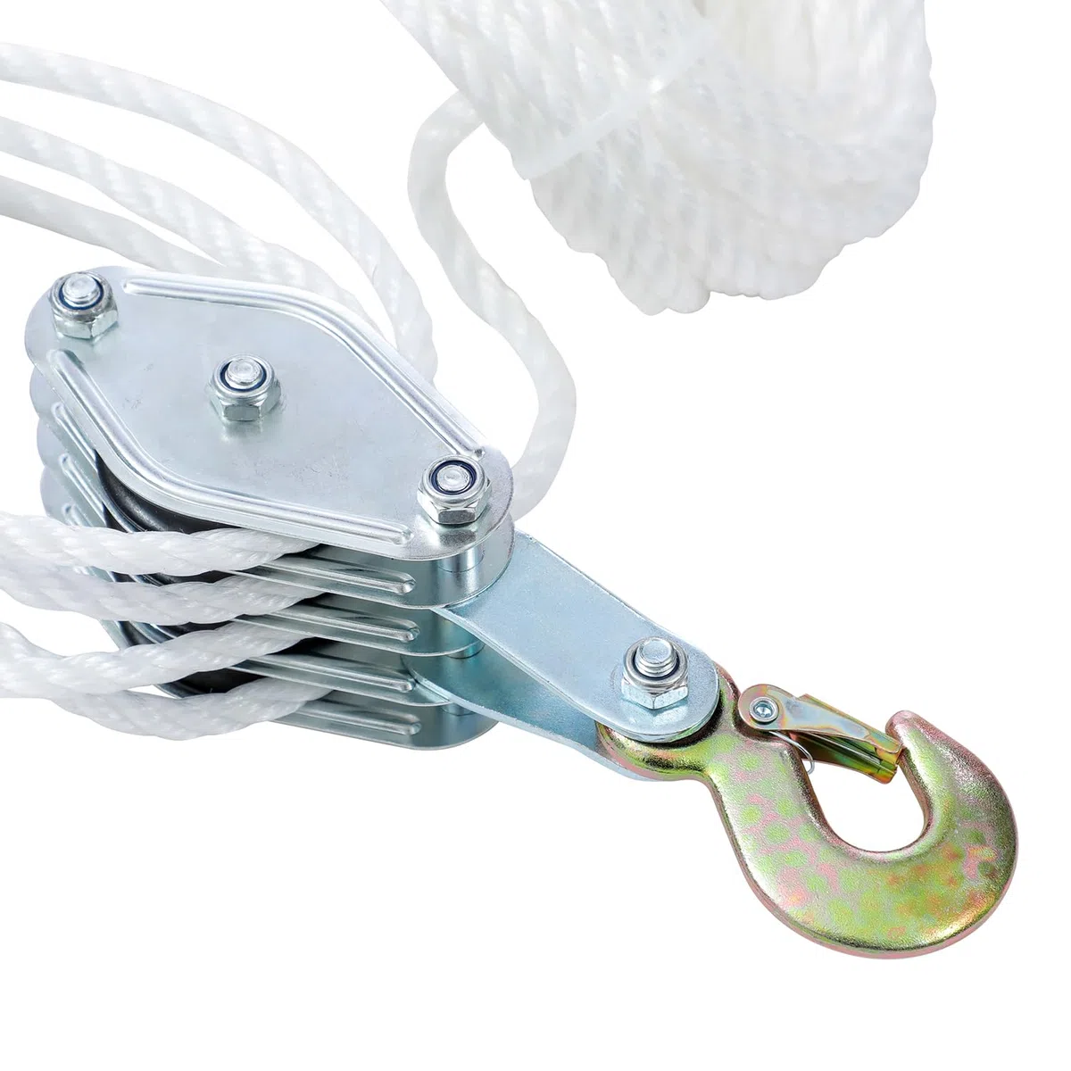 KATSU Tools Sistema de Poleas para Elevación, Capacidad de Rotura 4400lbs, Cuerda de Nylon 20m x 8mm, Ganchos de Acero, para Garaje y Construcción