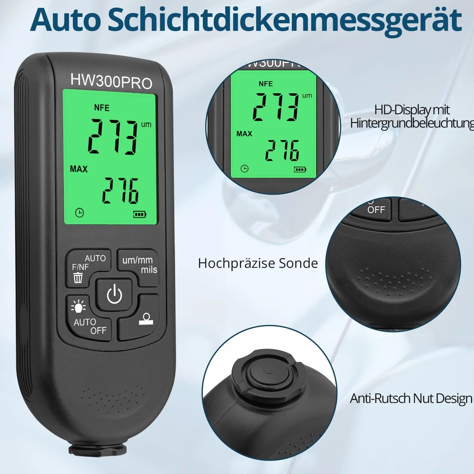 Medidor Espesor Pintura Coche, Medidor De Espesor De Pintura, Con Pantalla LCD, Fe & NF μm/mm/mils 0-2000μm Medidor de Pintura Automático, Max/Min/Avg para Pintura Fabricación Talleres Coches