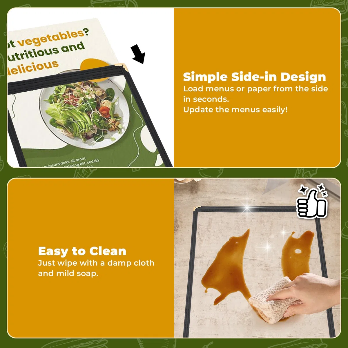 DASBET Cubiertas de menú A5, soporte para menús de restaurante, 1 página y 2 vistas, cubiertas de menú transparentes, carpeta de menús negra, libro de menús transparente con protectores de esquina de