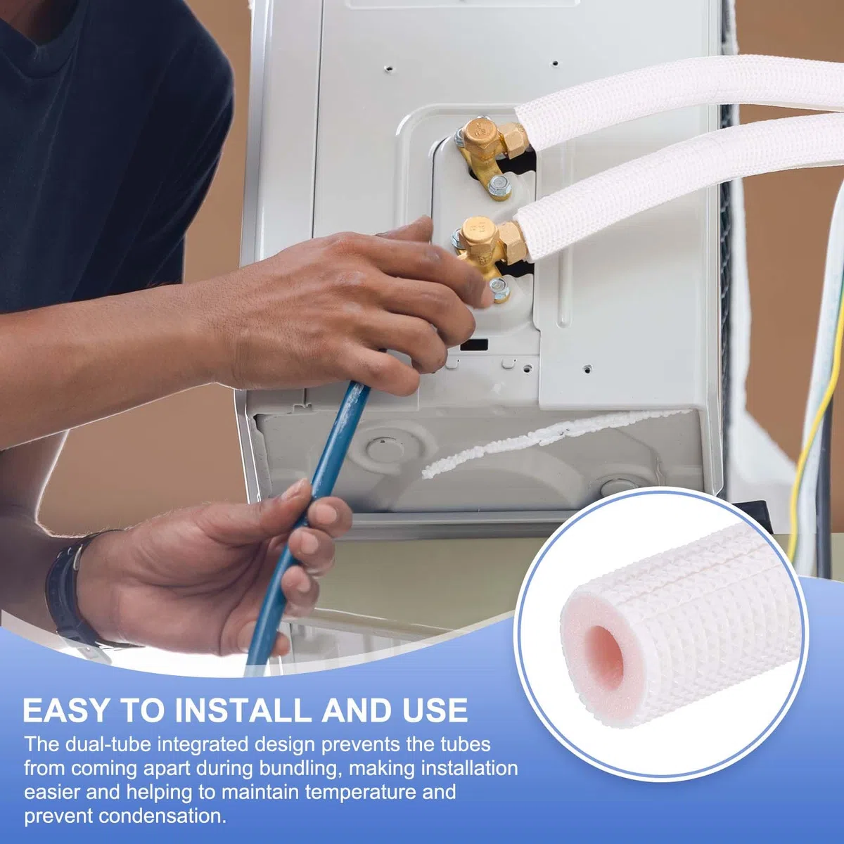 sourcing map Tubo de espuma aislante de tubería de cobre HVAC, diámetro interior de 1,5 m, tubo aislado de preservación del calor para aire acondicionado, mini juego de líneas de cobre divididas