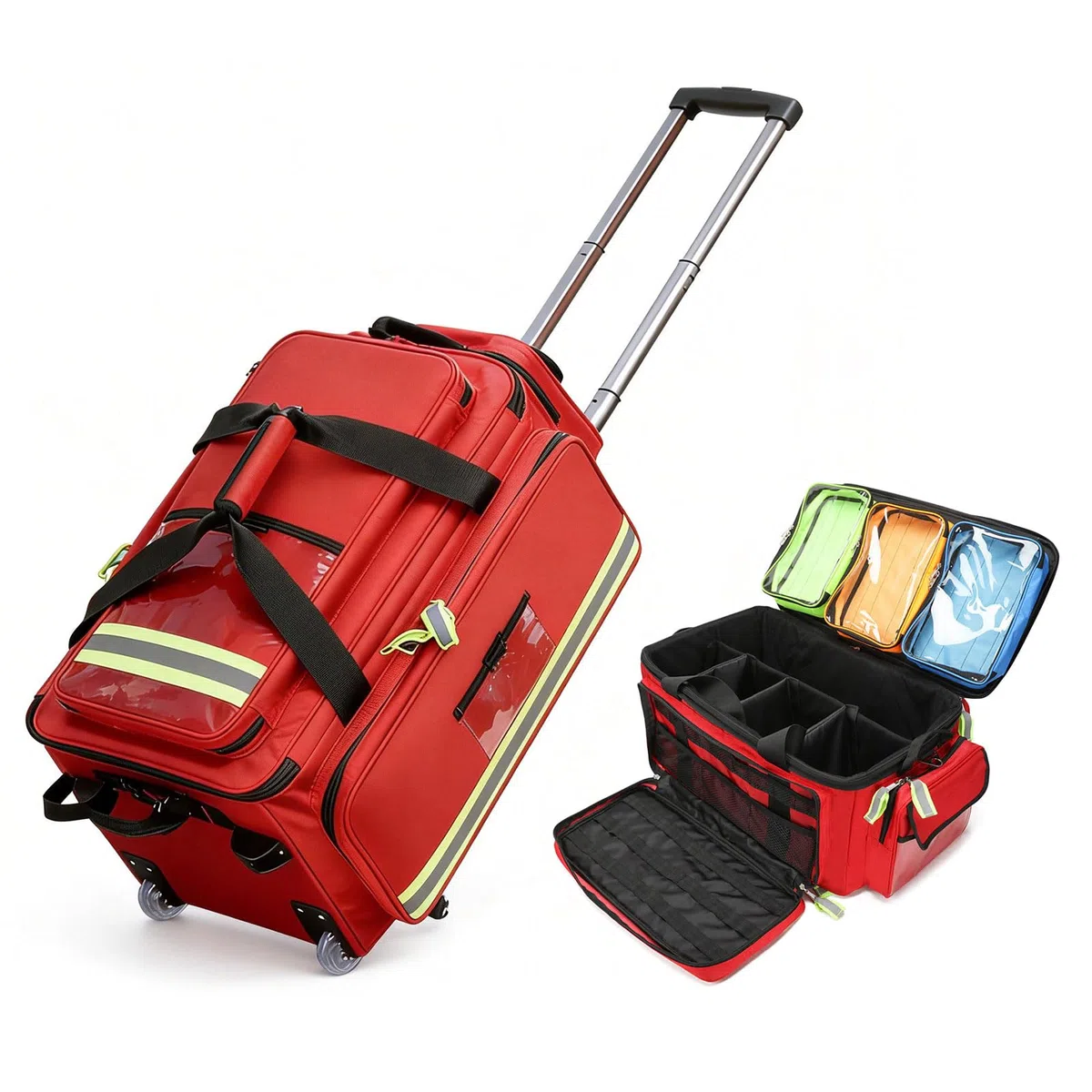 Bolsa portátil con ruedas para equipo médico, gran capacidad, con ruedas, multicompartimento, tiras reflectantes para médicos, paramédicos, socorristas