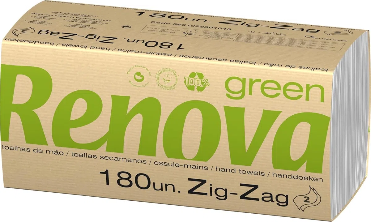 Renova Toallas Secamanos Zig-Zag Renovagreen, Papel Reciclado 2 Capas, Certificado FSC y Ecolabel, 20 Paquetes de 180 Unidades, 3600 Toallas
