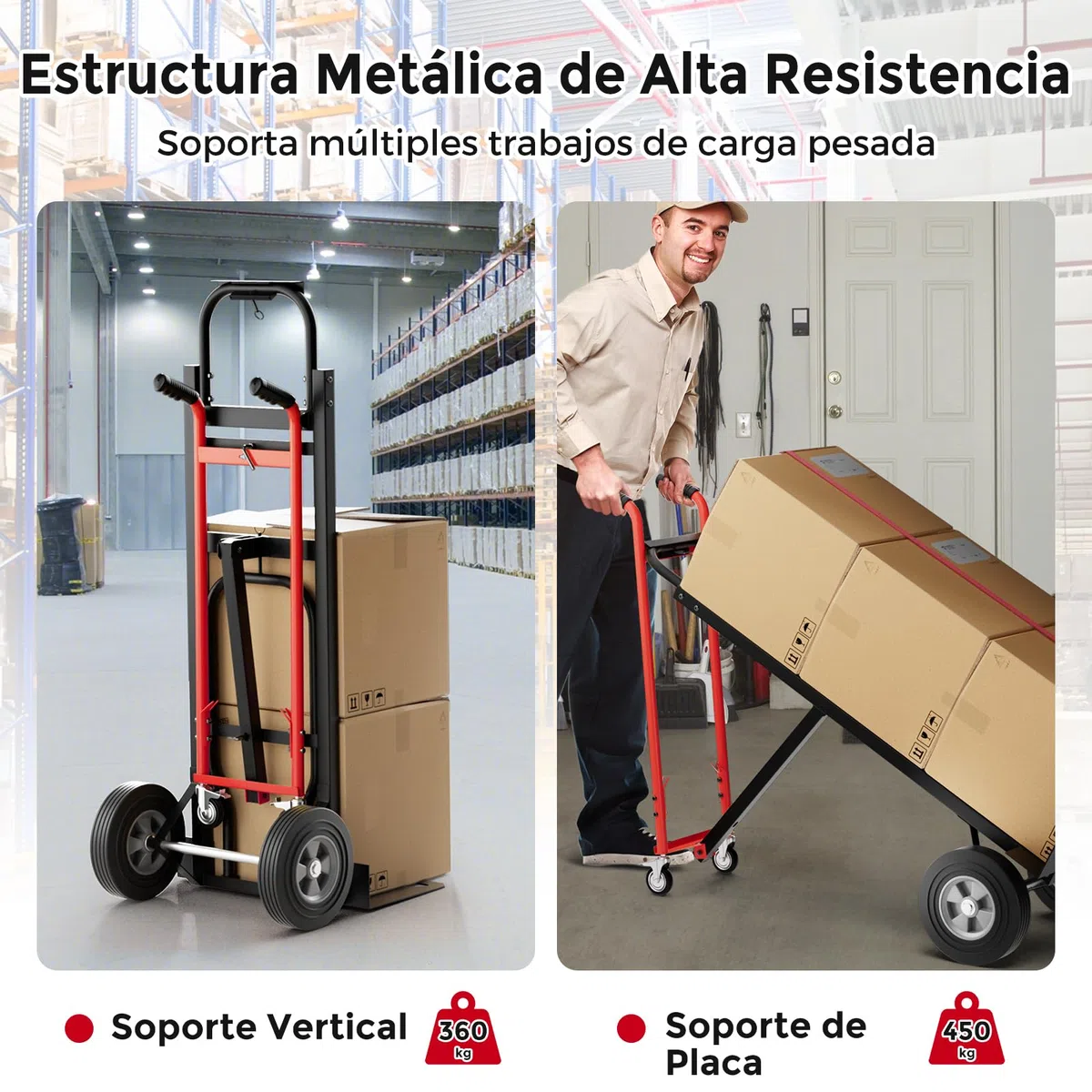 GYMAX Carretilla de Mano Plegable 3 en 1, Metal Resistente con Ruedas Universales, Mango de Goma, Capacidad de 450 kg, Carretilla de Mano para Almacén, Garaje, Fábrica, Supermercado (Rojo)