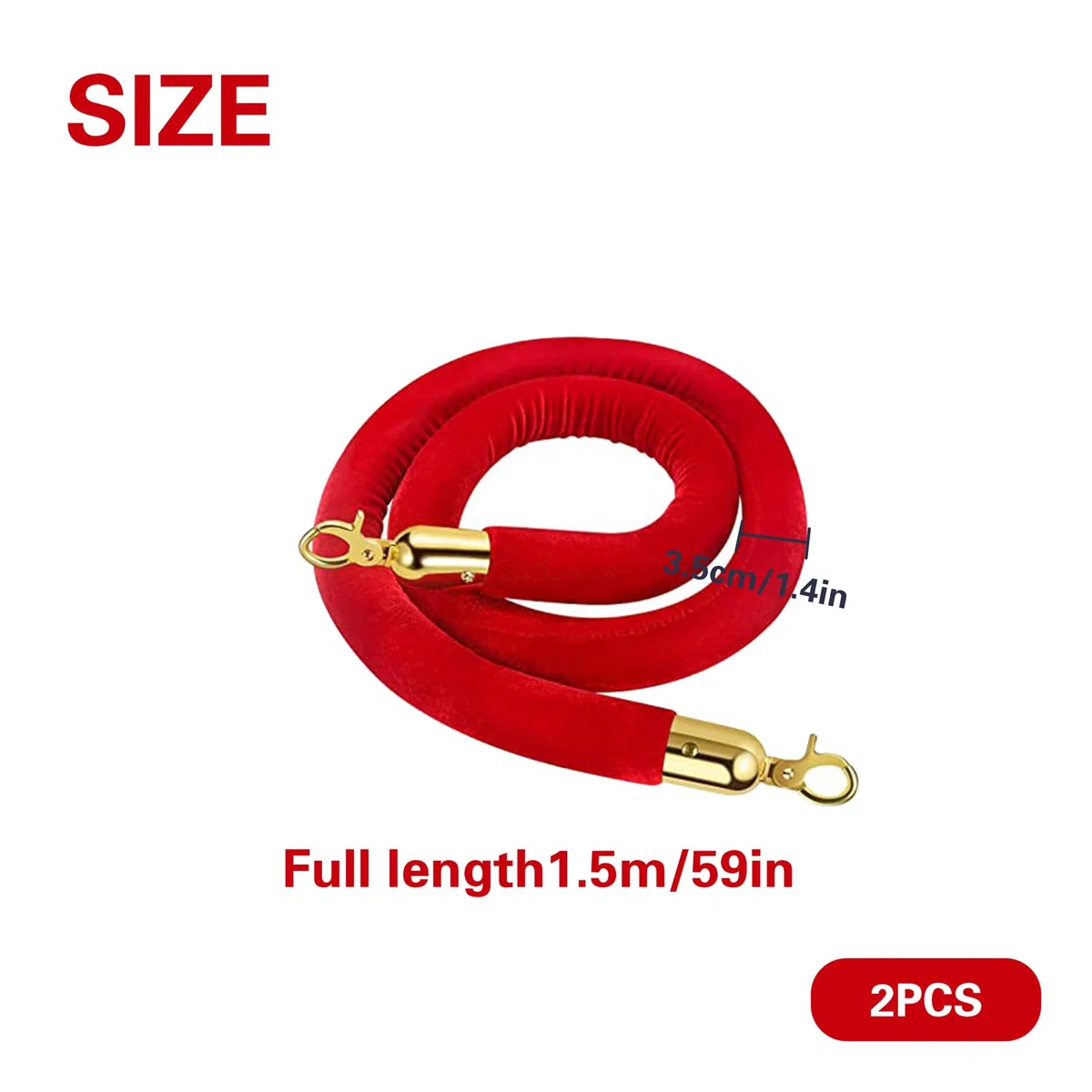 2 piezas Roja Cuerdas de Barrera de Terciopelo Barrier Ropes Barrera de seguridad de cuerda de control de multitudes 150cm
