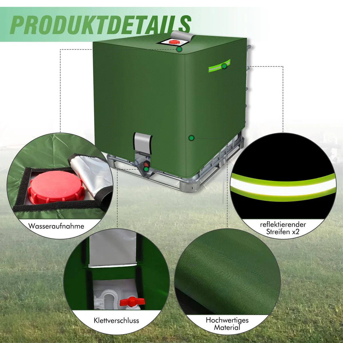 MaxAwe Cubierta para depósito de agua IBC de 1000 L, con cierre de velcro y tiras reflectantes, 420D, impermeable, cubierta protectora IBC, color verde