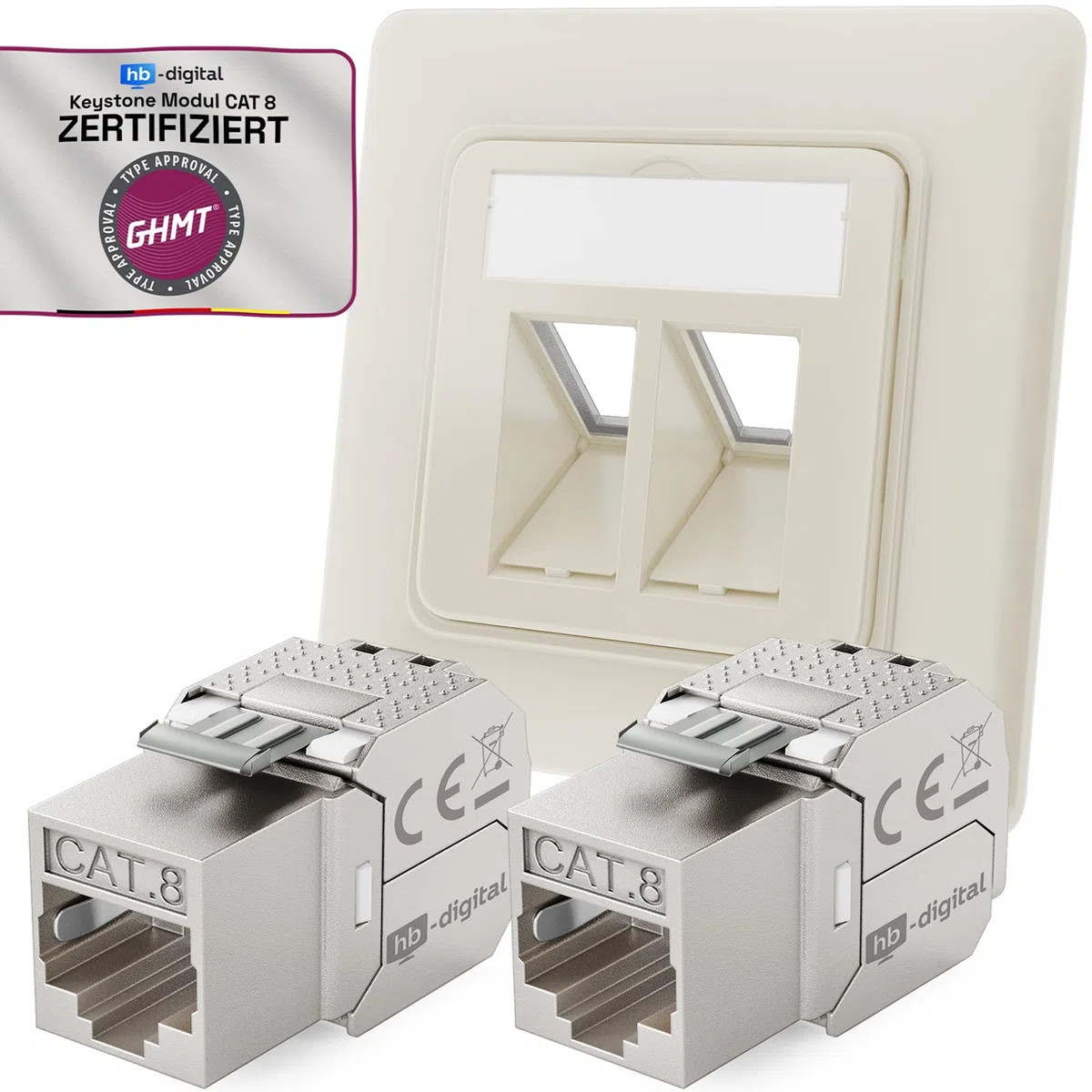 hb-digital 2 puertos CAT 8 RAL9010 + 2 x GHMT certificado CAT 8 Keystone RJ45 módulo LAN Ethernet Keystone enchufe hembra hembra máx. 40 Gbps STP – Blanco puro