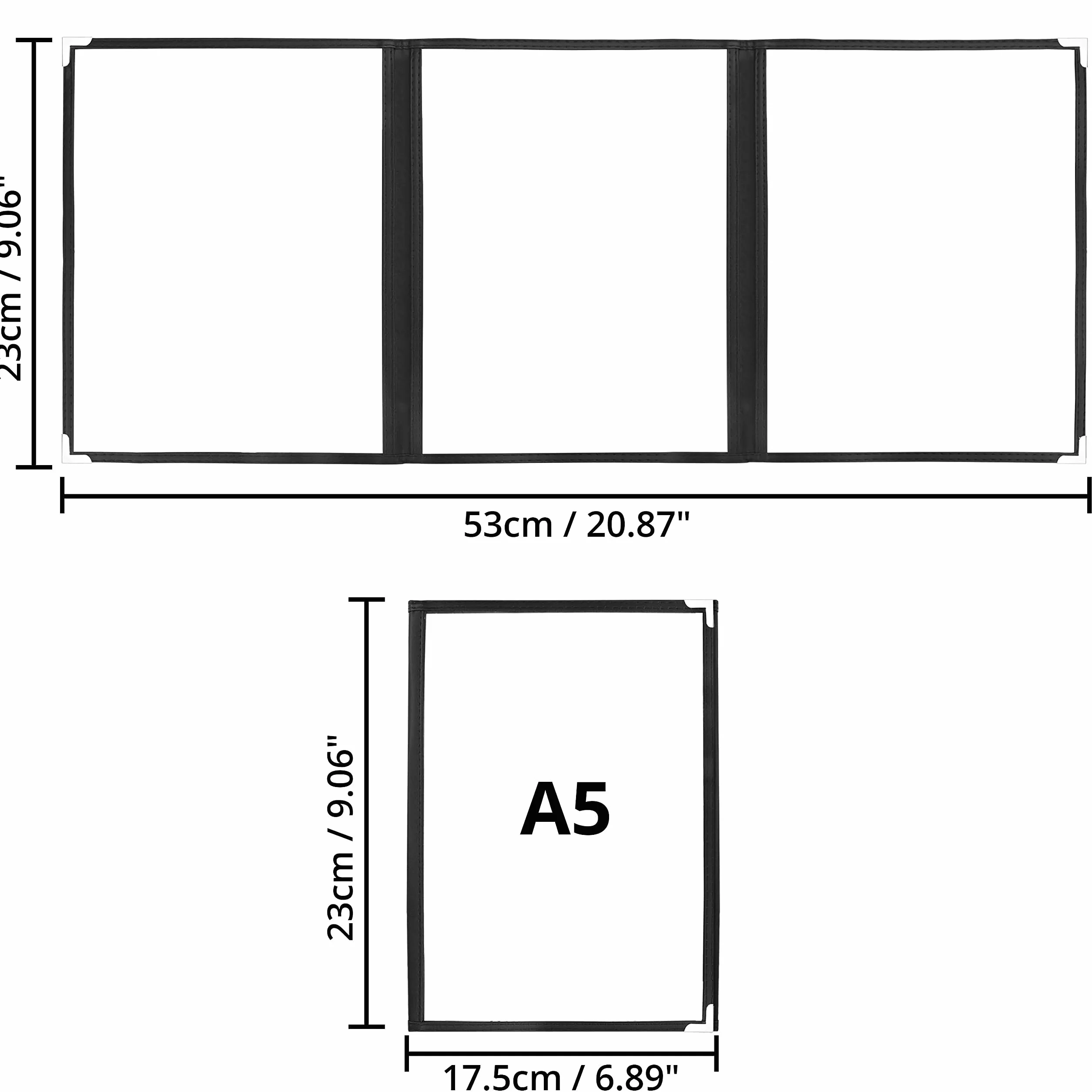 Kurtzy Funda para Cartas de Restaurantes Tres Pliegues A5 (Pack de 10) - 3 Pliegues Vista Doble Estilo Americano - Fundas de Cartas Negras Protectores de Esquina – Para Restaurantes, Bares, Cafés