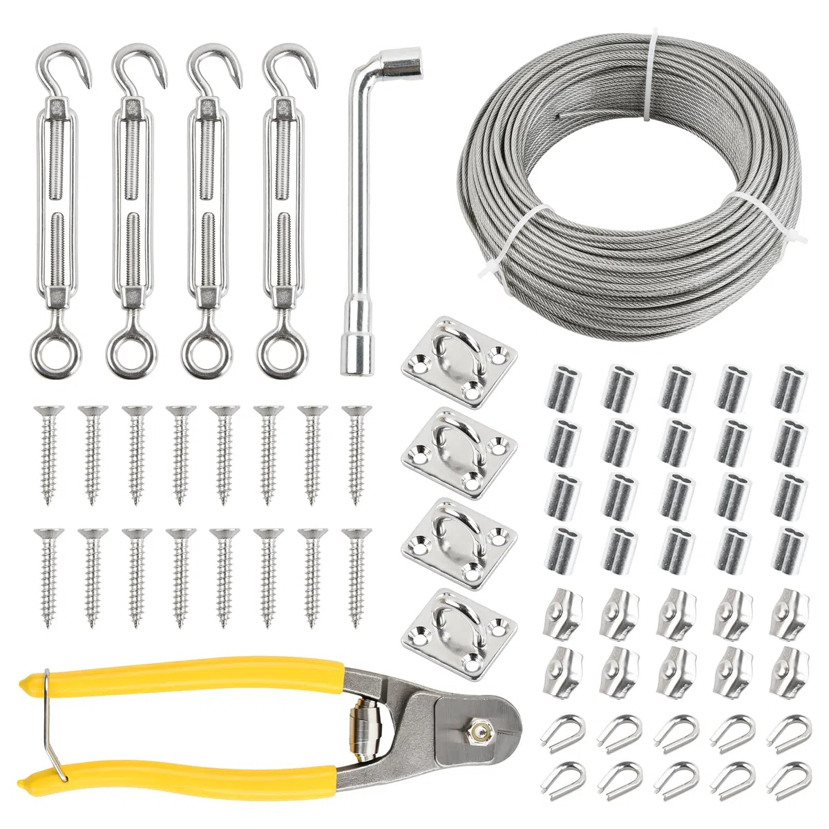 50m Cuerda Tendedero 3mm, 67 Pcs Kit Cable Acero Plastificado 7x7 con 4 Tensores de Alambre, 20 Presillas Cable Acero, 10 Abrazaderas, 10 Guardacabos, 4 Ganchos y Alicates,Estendal Ropa Exterior (3mm)