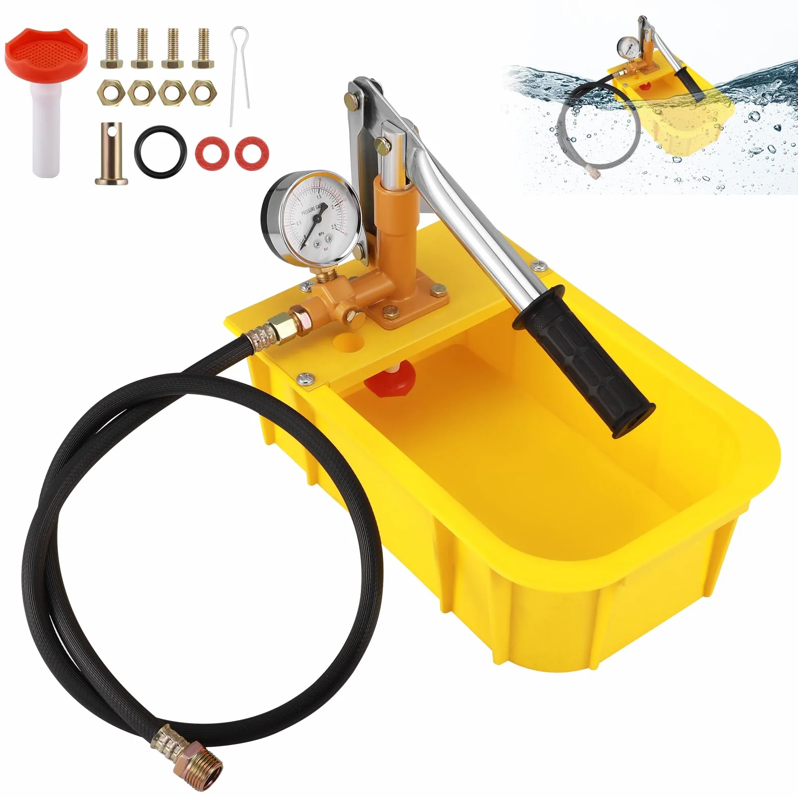 Bomba de presión manual Luqixcey, Industrial, Aluminio, Plástico, Amarillo, Bomba de agua, Bomba de mano, Bomba de prueba, Bomba de llenado, 2.5 MPa, 25 bares, 5 L, Solar, Hidráulica