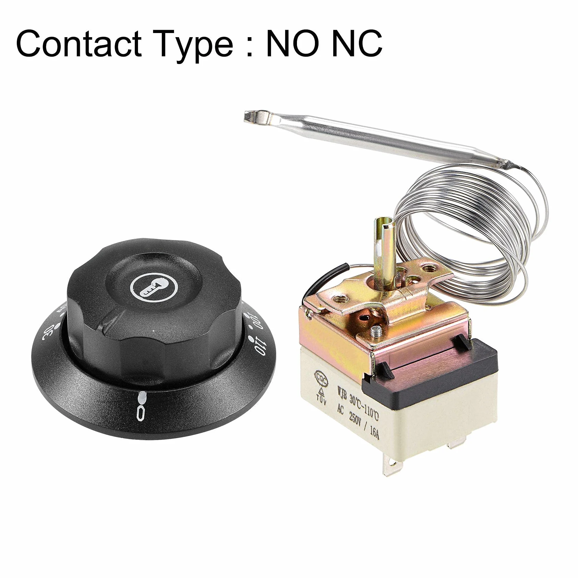 sourcing map 1NO 1NC 250V 16A 30-110C Temperatura Control Interruptor Capilar Termostato para Horno Refrigerador Calentador 2m con 2 Tornillos y 3 Engarzados Terminales