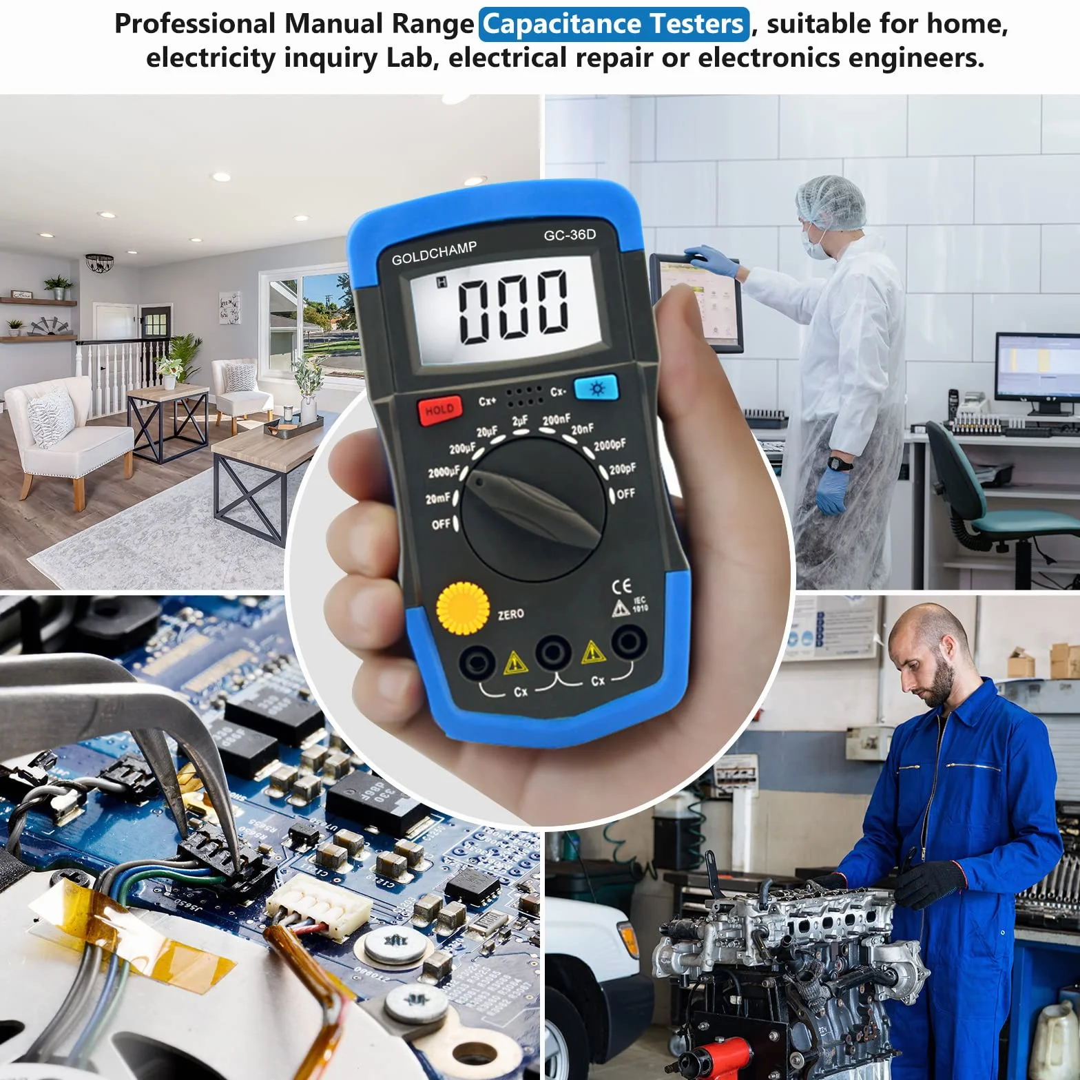 Medidor de capacidad digital, medidor de capacidad de GoldchAMP 0,1pF – 20.000uF – Herramienta de medición con retroiluminación LCD máx. 1999