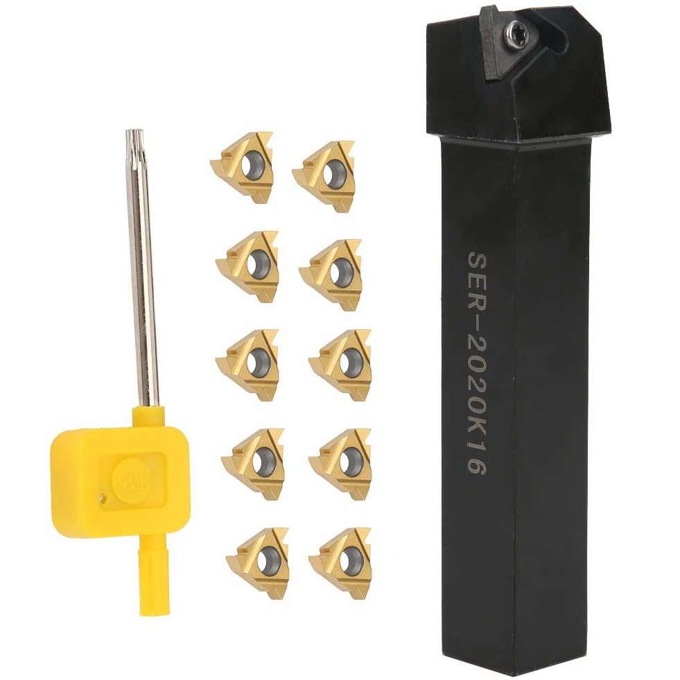 Conjunto Herramientas Torneado CNC SER2020K16, 10 Insertos 16ER AG60, Portaherramientas Mango 20x20mm, Barra Mandrinar 125mm, Llave T15 para Fresado y Corte Preciso