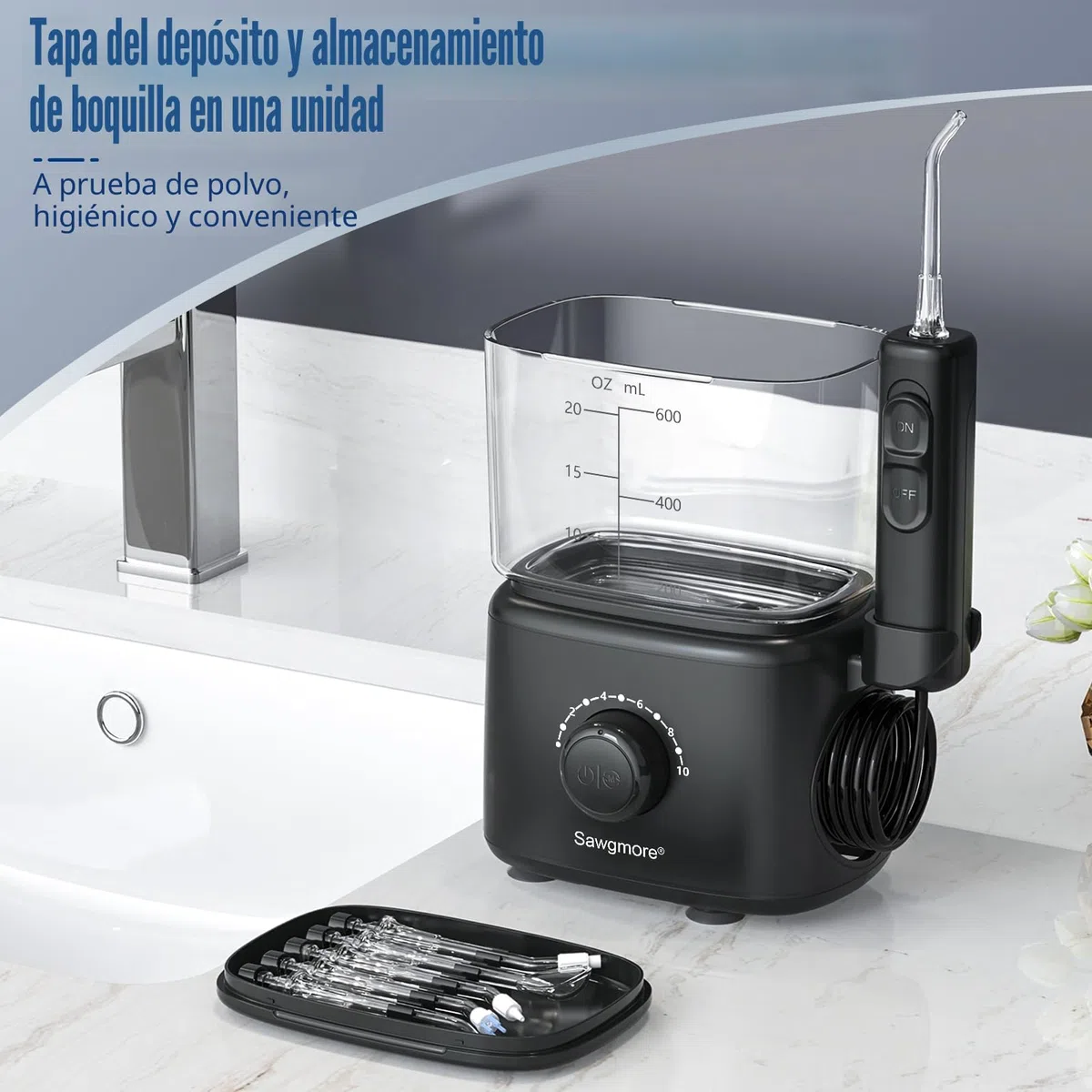 Sawgmore - Irrigador dental eléctrico con 10 niveles de presión ajustables, 600 ml de capacidad, irrigador oral con 5 boquillas multifuncionales para el hogar (negro)