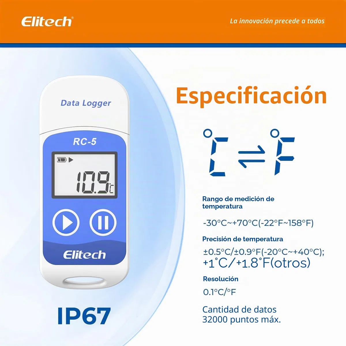 Elitech RC-5 Registrador de Datos de Temperatura Datalogger Reutilizable USB PDF 32000 Puntos Software para Mac y PC