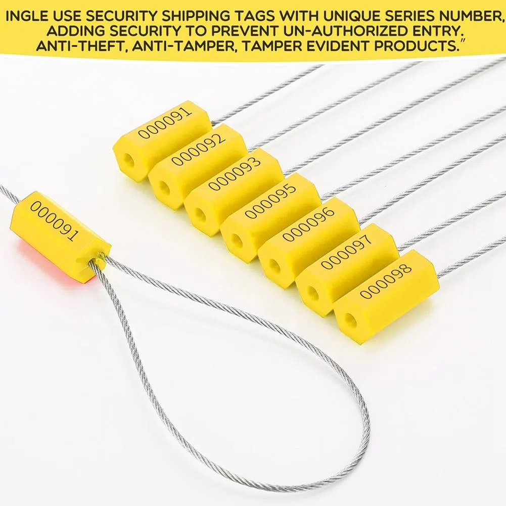120 precintos de cable de acero, sellos de seguridad de metal, precintos de metal numerados para remolques, etiquetas de seguridad, etiquetas a prueba de manipulaciones, amarillo