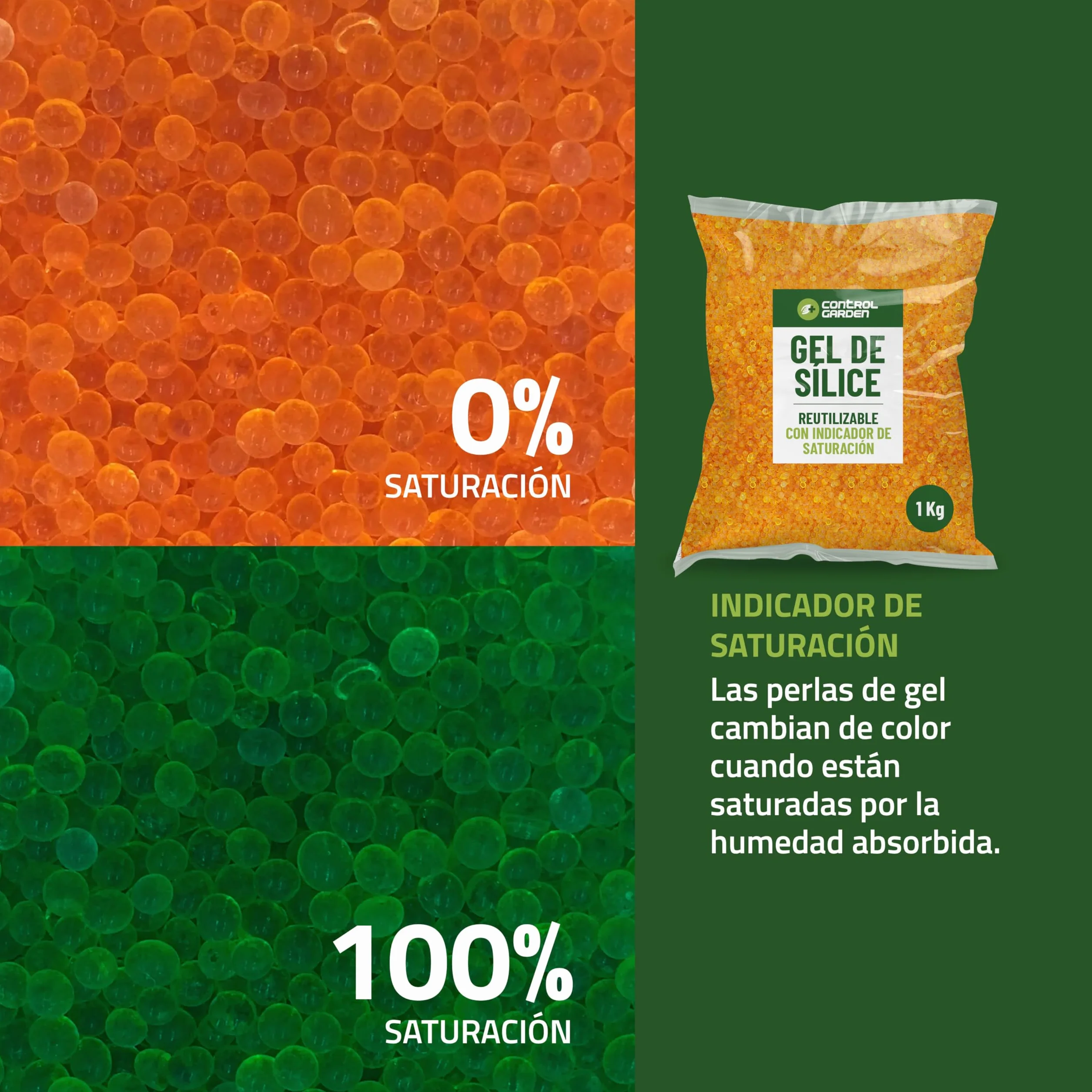 CONTROL GARDEN Gel de Sílice Naranja 2 KG | Absorbedor de Humedad Reutilizable No Tóxico | Bolitas Desecantes Antihumedad Indicador de Saturación | Deshumidificador Natural