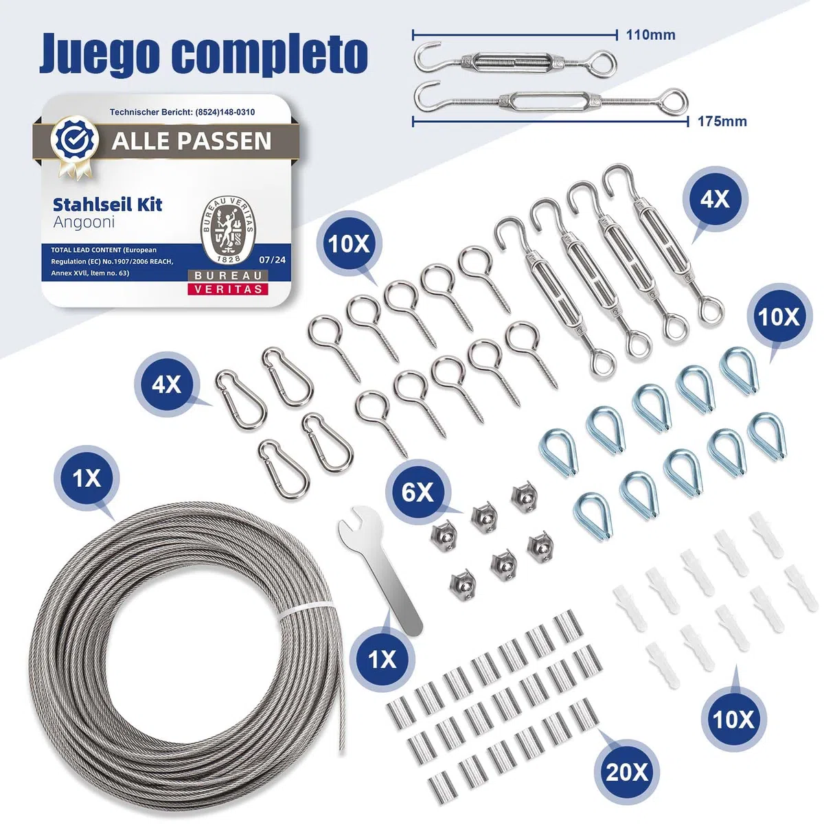 Angooni Juego de 65 Cuerdas de Acero Inoxidable 304 - 35 m, Tensor, Revestida Con Ojales - Para Tendedero, Luces Colgantes