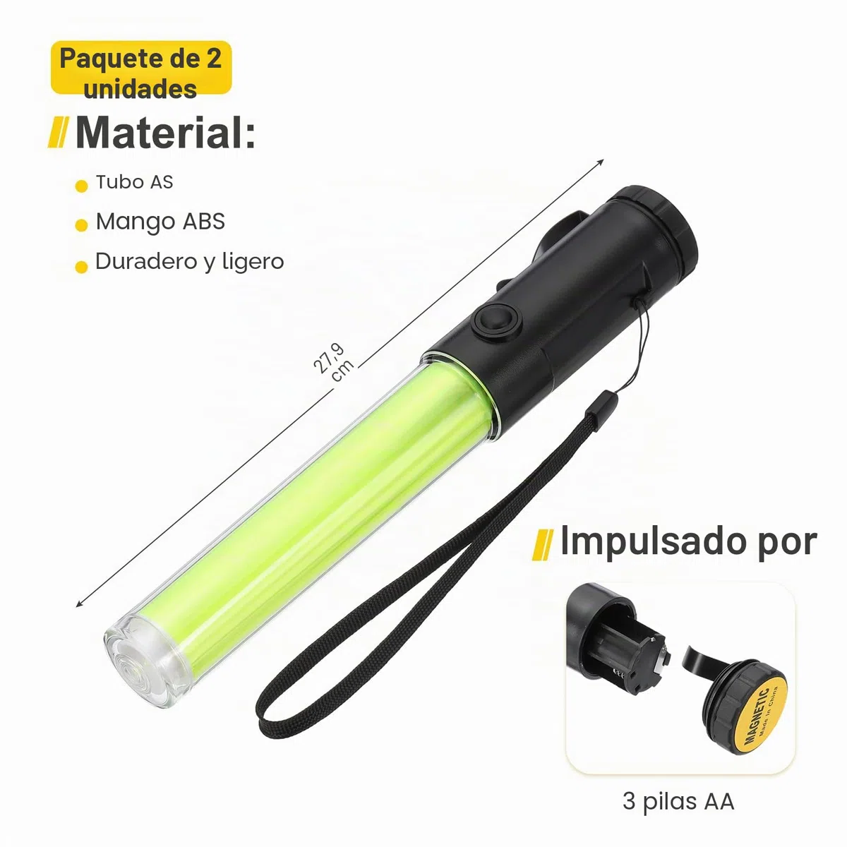 PATIKIL Pack de 2 Varillas de Señalización de Tráfico de 11 Pulgadas, Linterna LED de Control de Tráfico Aéreo con 3 Modos de Destello, Clip Lateral, Correa de Muñeca y Cordón, Amarillo