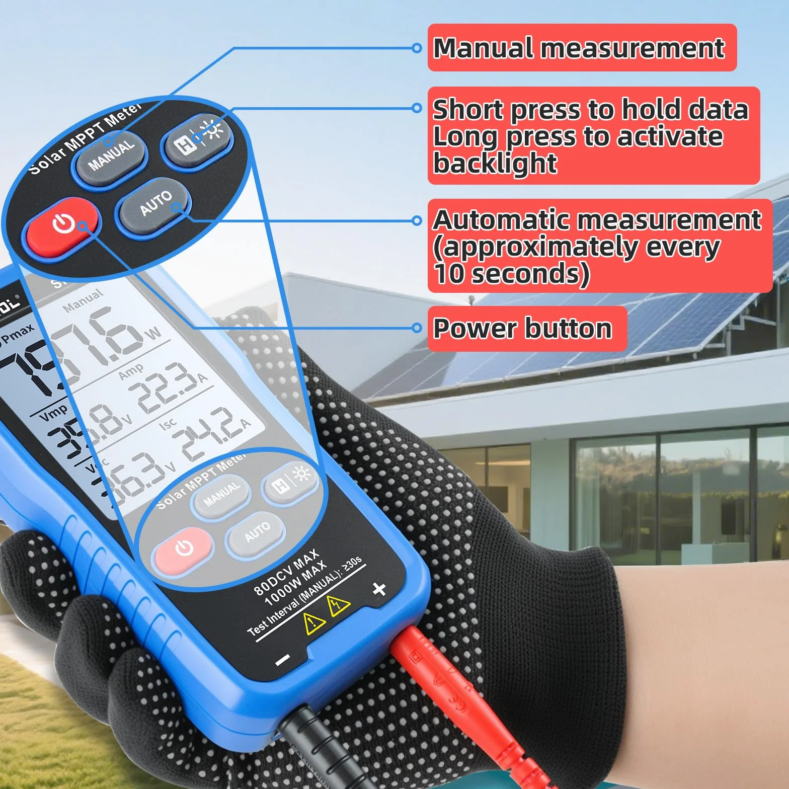 SK-705 Probador MPPT Solar para Módulos Fotovoltaicos – 1000 W, Máx. 80 V DC, 35 A, Medición Automática y Manual de Potencia, Voc Isc Vmp Pmax, Pantalla LCD de 3,2", Tester FV Portátil