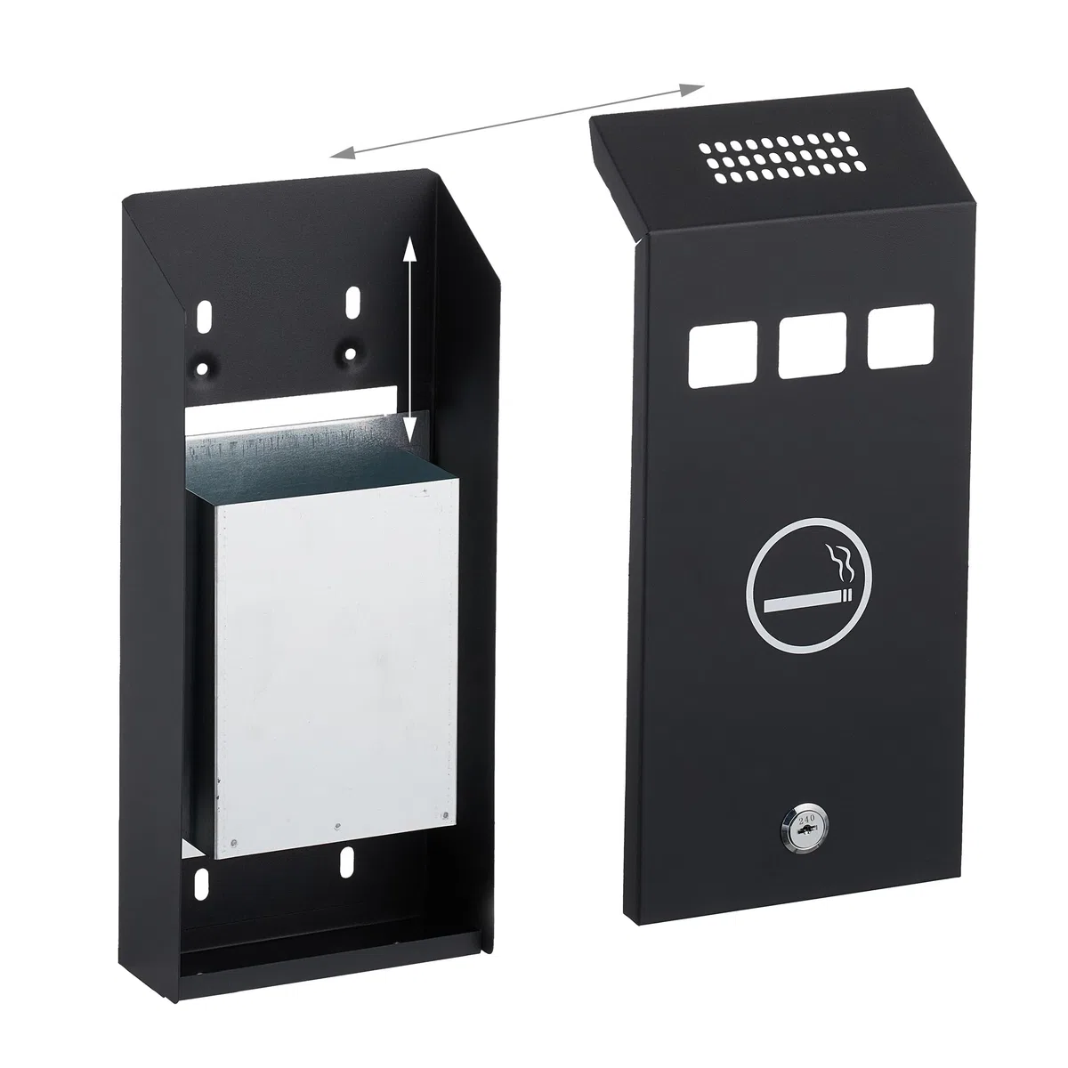 Relaxdays Cenicero de Pared para Exterior con Cerradura, de Metal, Montaje Mural, Medidas: 32,5 x 15 x 6 cm, Negro