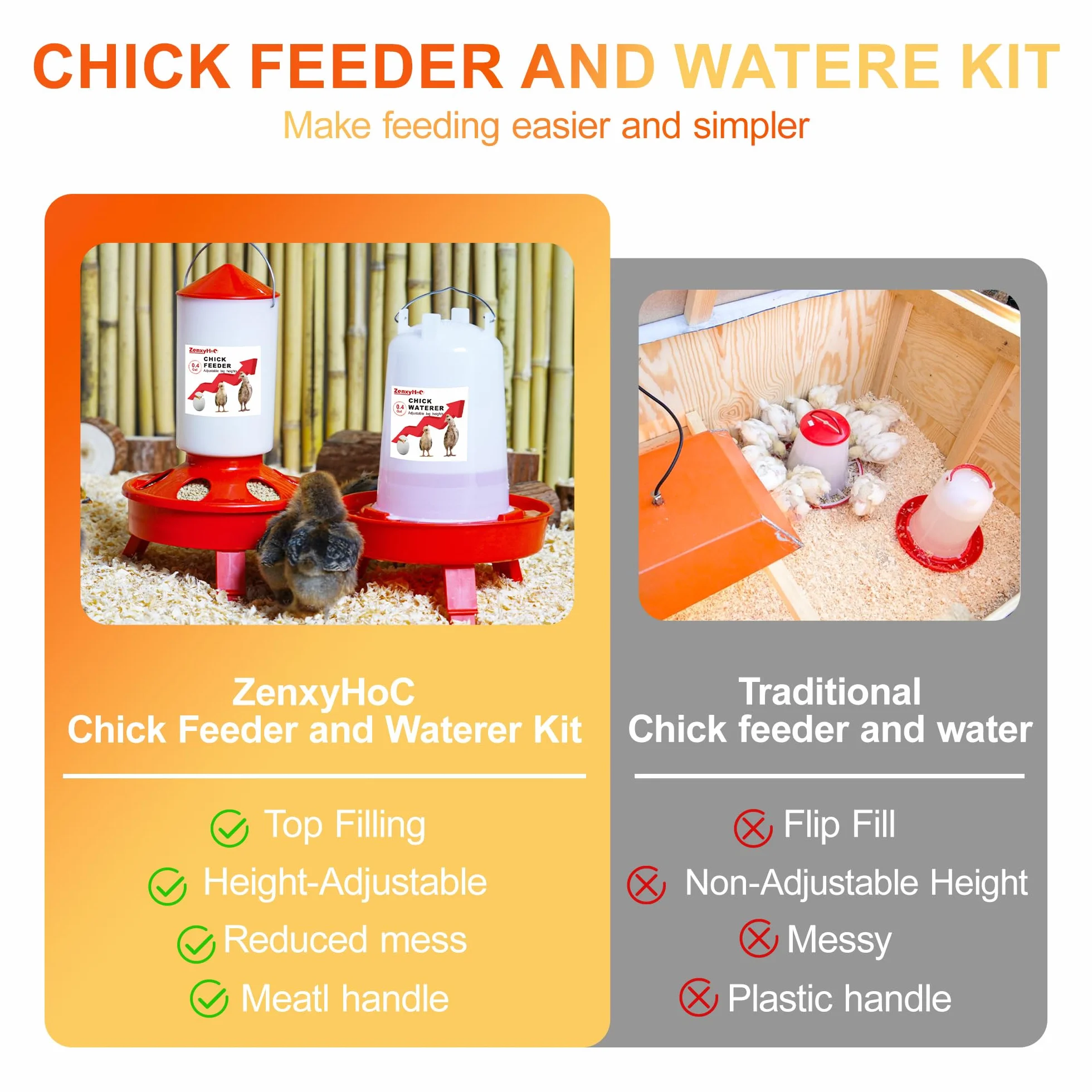 ZenxyHoC Juego de comedero y Bebedero para Pollitos con comedero automático de 1,5 l y Bebedero de 1,5 l para llenar la Parte Superior, Incluye Pala y 3 Patas Regulables en Altura, Color Rojo