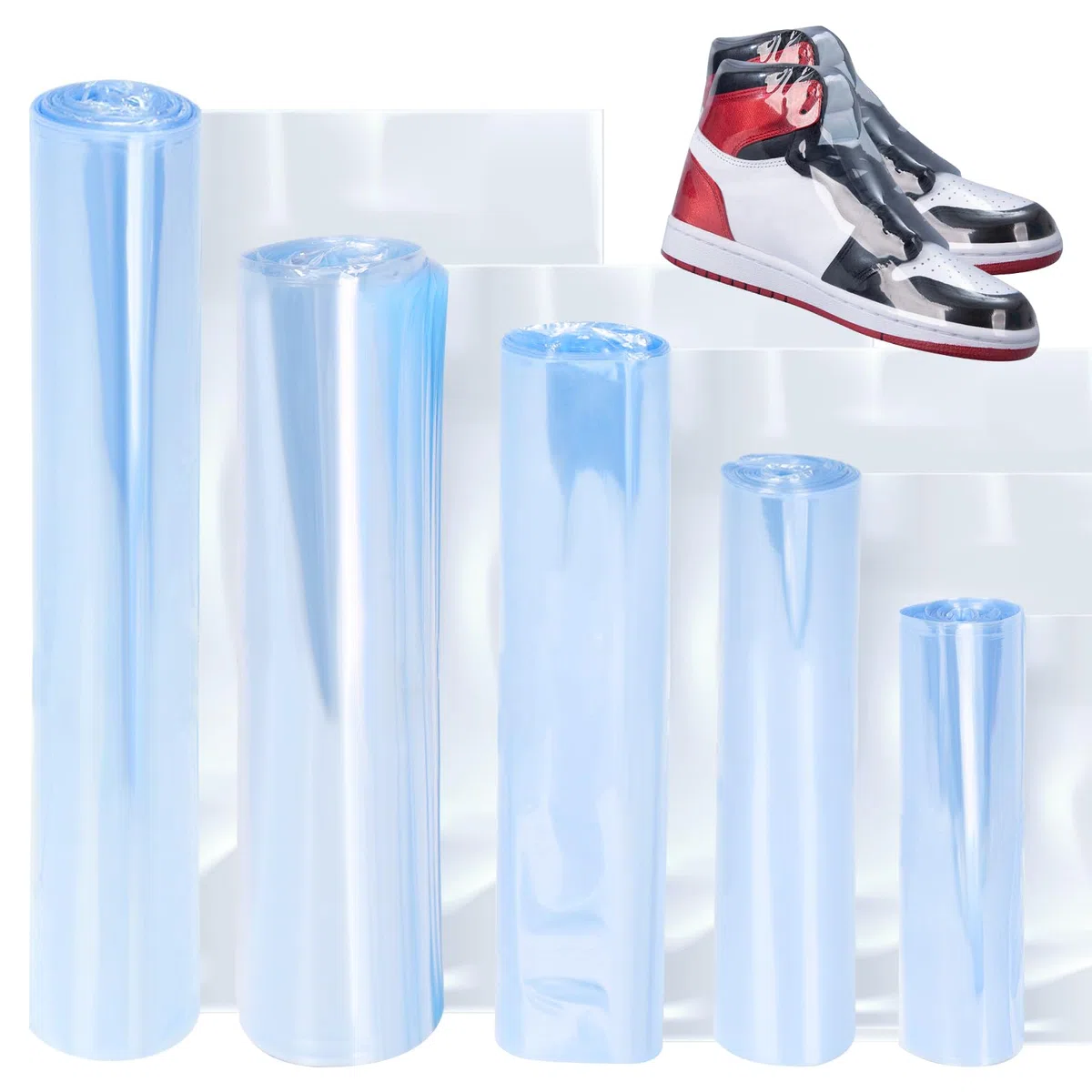 Glarks 500 bolsas retráctiles, 5 tamaños de PVC transparente, película termorretráctil para protección de zapatos, evita el amarilleamiento de la suela y mantiene el polvo lejos