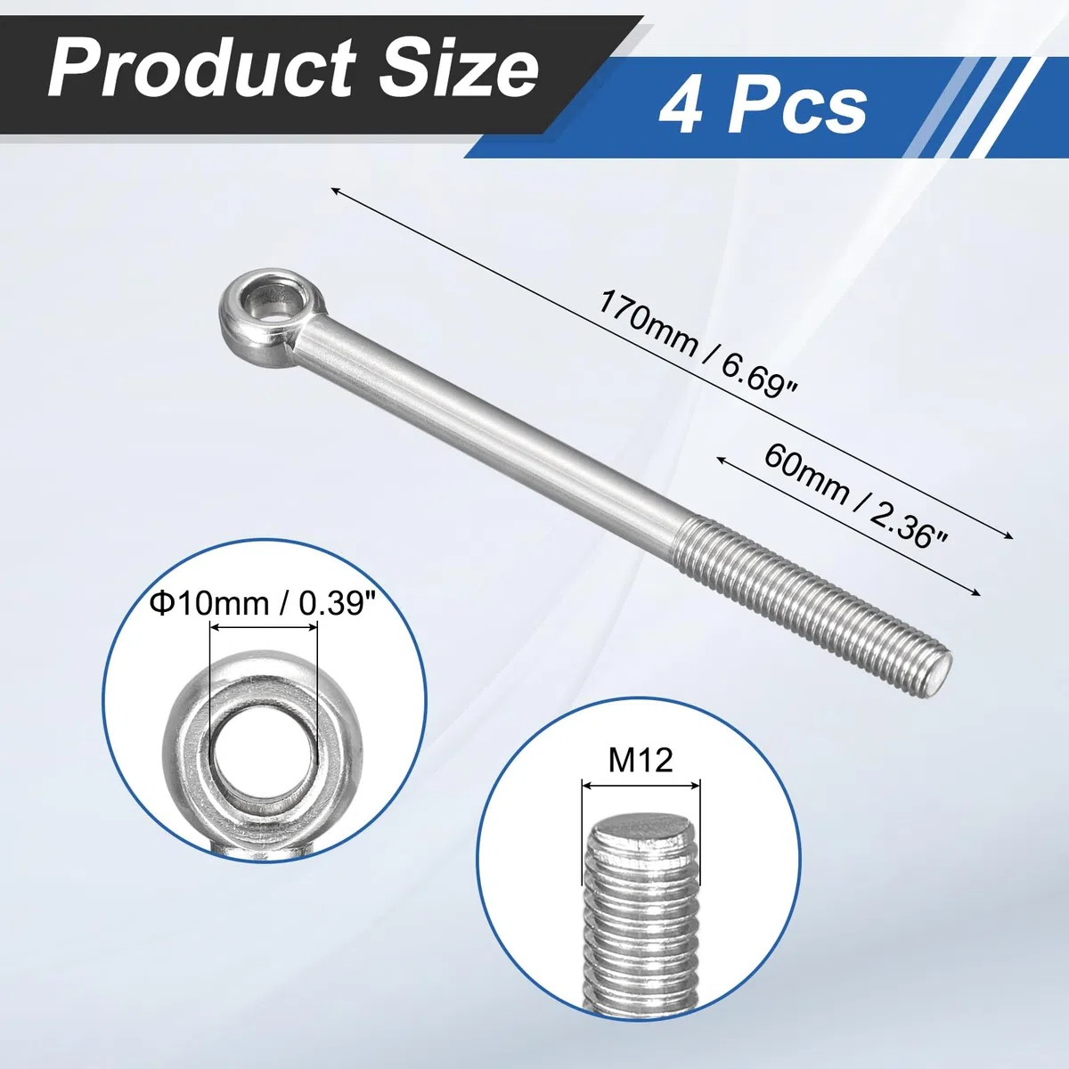 QUARKZMAN 4Pcs Anillos de Elevación M12 x 160mm, Pernos de Ojo Tornillos de Argollas de Acero Inoxidable 304 para Colgar y Fijar Válvulas Compuerta Tuberías
