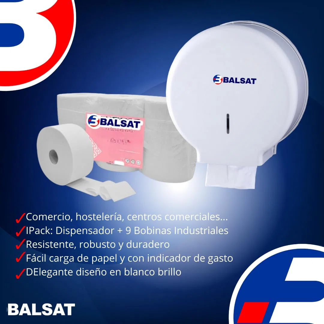 BALSAT | Pack de 1 Dispensador de Papel higiénico Industrial + Paquete de 9 Rollos Papel Higienico Industrial de Regalo