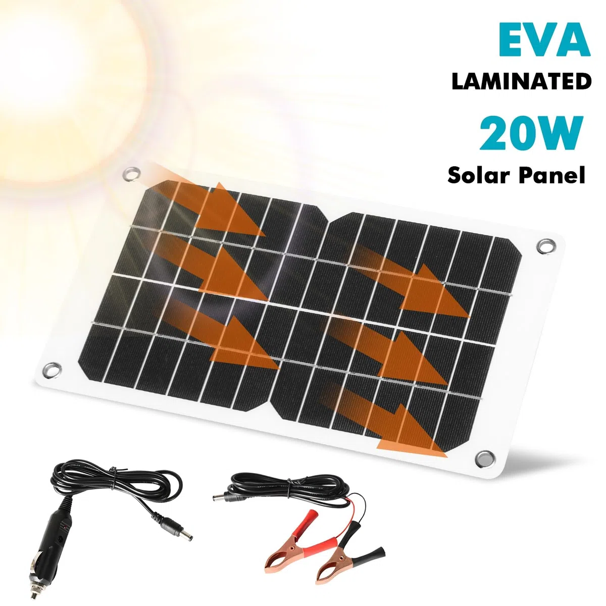 DEWIN Panel Solar, 20W Panel Solar Policristalino Portátil 12V Cargador de Batería de Células Solares con Clip Conector de Carga de Coche para Campistas, Casas de Jardín, Barcos,IRYBYDIER-GS109068-03