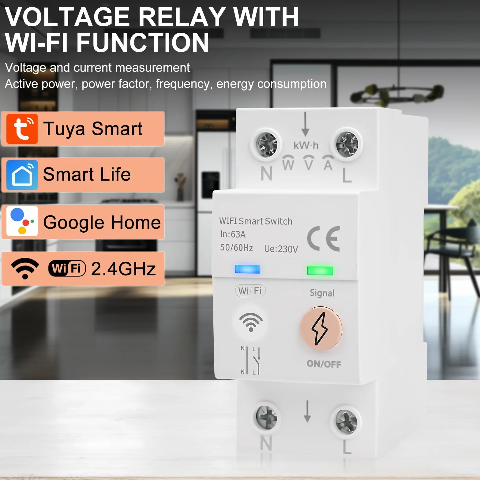 Disyuntor Inteligente WiFi Tuya Smart life APP Mando a Distancia Interruptor Inteligente 63A 80-300VAC Interruptor WiFi Control por voz medición de energía, temporizador (Versión en inglés)