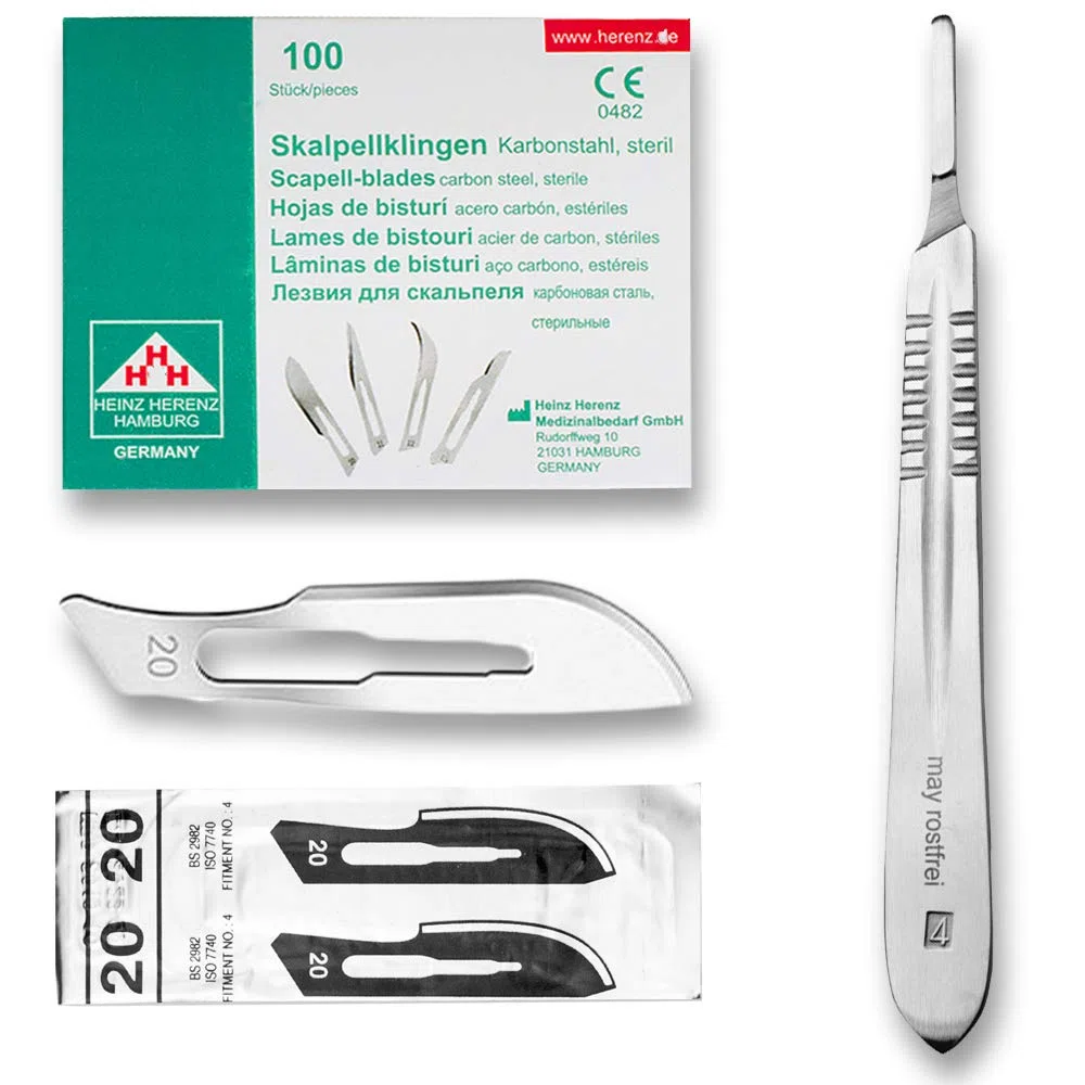 Set - 100 piezas hojas de bisturí No. 20 y mango de bisturí No. 4 - Hojas de repuesto para bisturí hechas de acero al carbono - Estéril