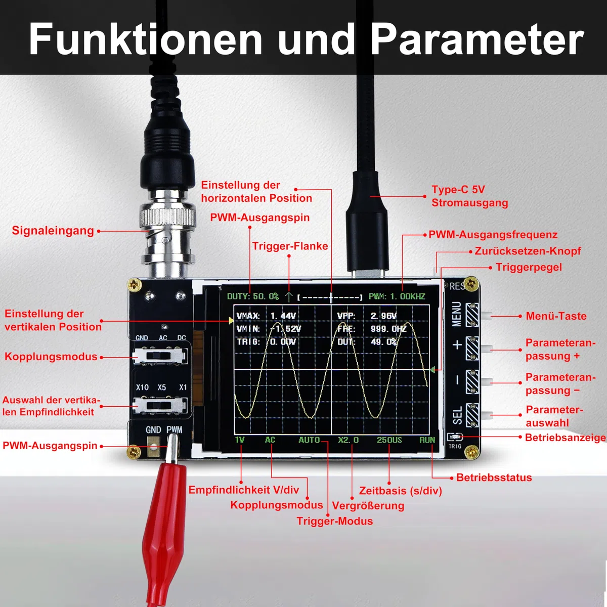 Treedix Kit de mini osciloscopio digital de mano con pantalla LCD de 2,4 pulgadas, 3 modos de disparo, 24 MSa/s de alta frecuencia de muestreo, ancho de banda de 200 kHz, sensibilidad X10/X5/X1,