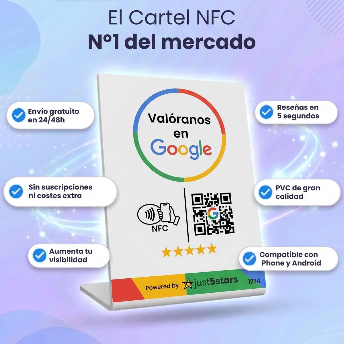 Soporte NFC y QR para Reseñas de Google - Sin Suscripciones - PVC, 10,8 X 16,5 cm, Diseño Profesional. Display/Expositor/Stand (Negro)