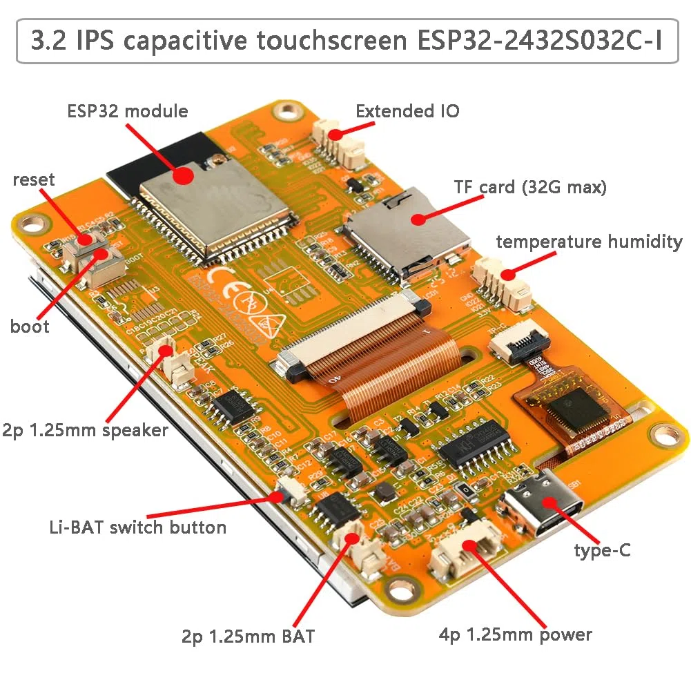 DIYmalls 3.2 Pulgadas ESP32 IPS Pantalla ESP32-2432S032C-I TFT LCD Módulo ST7789 táctil capacitiva 240x320 ESP-32 Placa de Desarrollo para Arduino