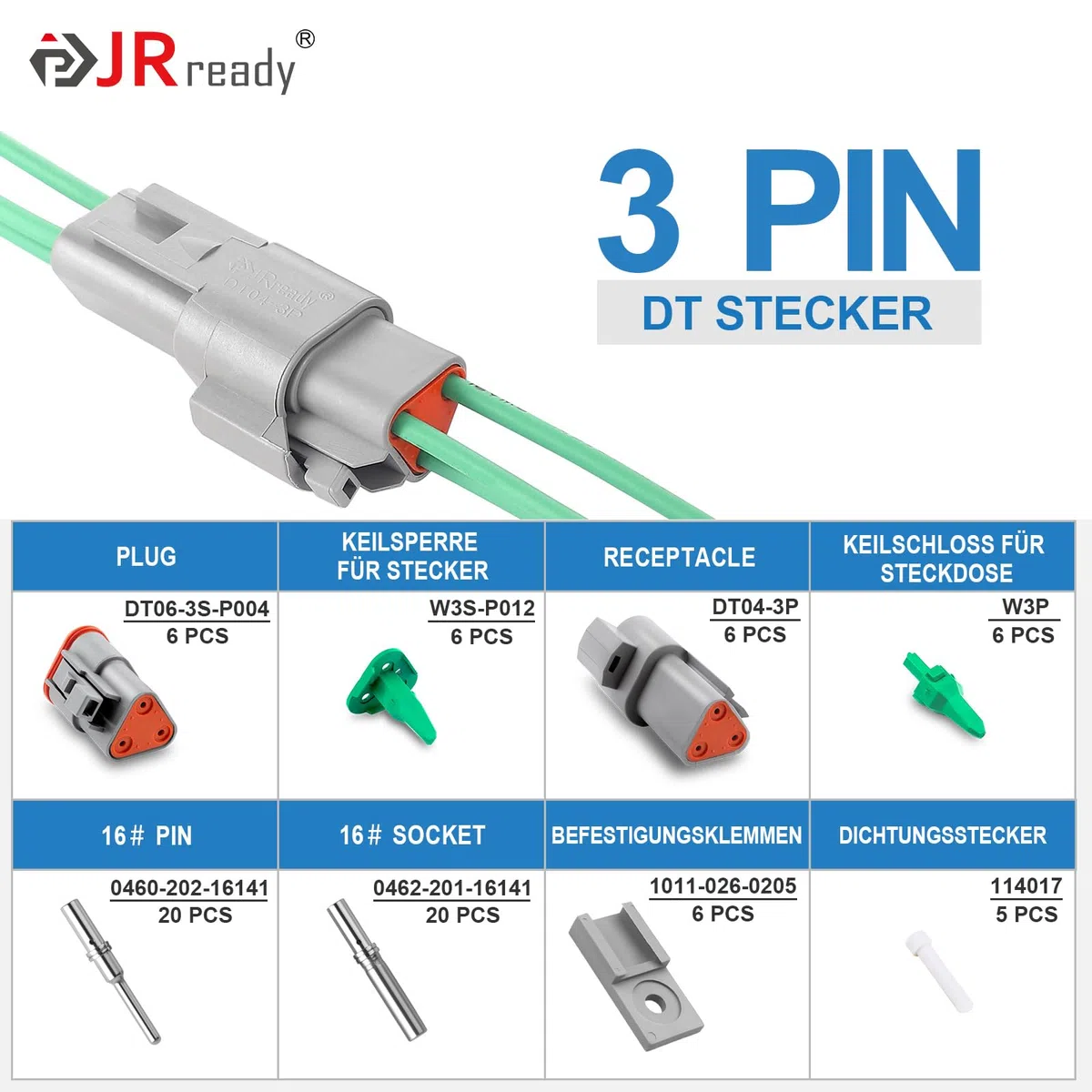 JRready Conector Deutsch 3 Pines 6 Sets Gris IP68 Impermeable DT Conector con Tamaño 16 Terminal Deutsch Calibre de Cable 16-20 AWG para Moto Scooter Coche Camión Barcos