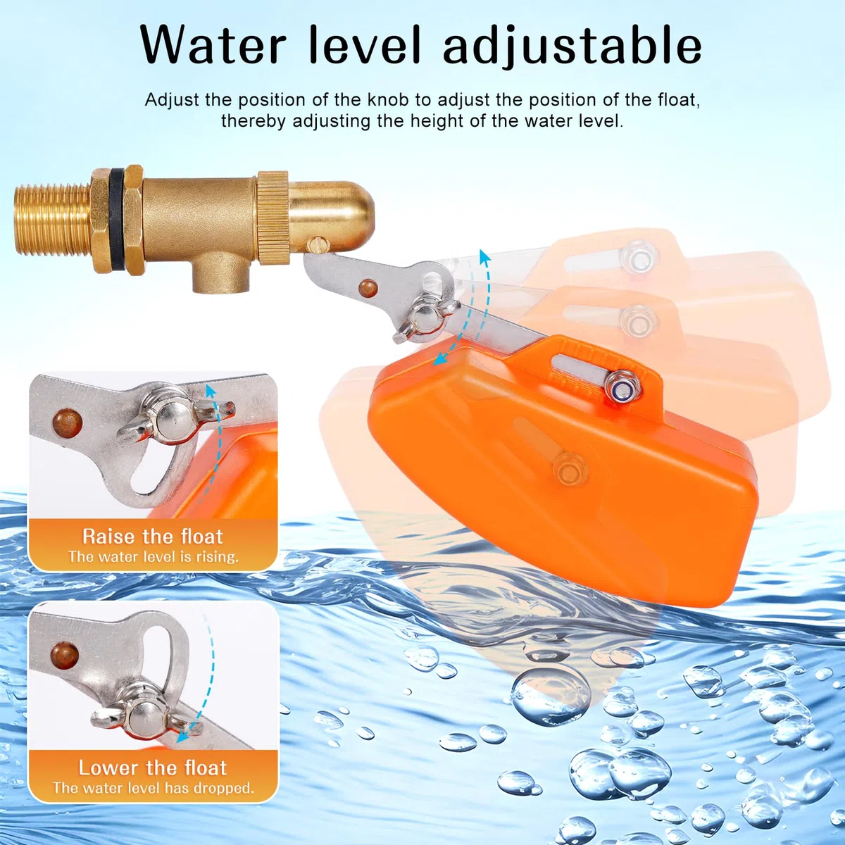 Válvula de flotador de latón de 1/2 pulgadas, válvula de flotador automática para tanque de agua, piscina, bebedero, flotador naranja de plástico, interruptor de flotador (1/2 pulgadas)