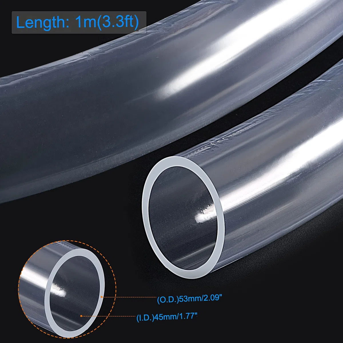 Unifizz Tubo de vinilo transparente de PVC de 45 mm de diámetro interior de 53 mm de diámetro exterior de 1 m de longitud, manguera de plástico flexible para agua, aceite, línea de aire
